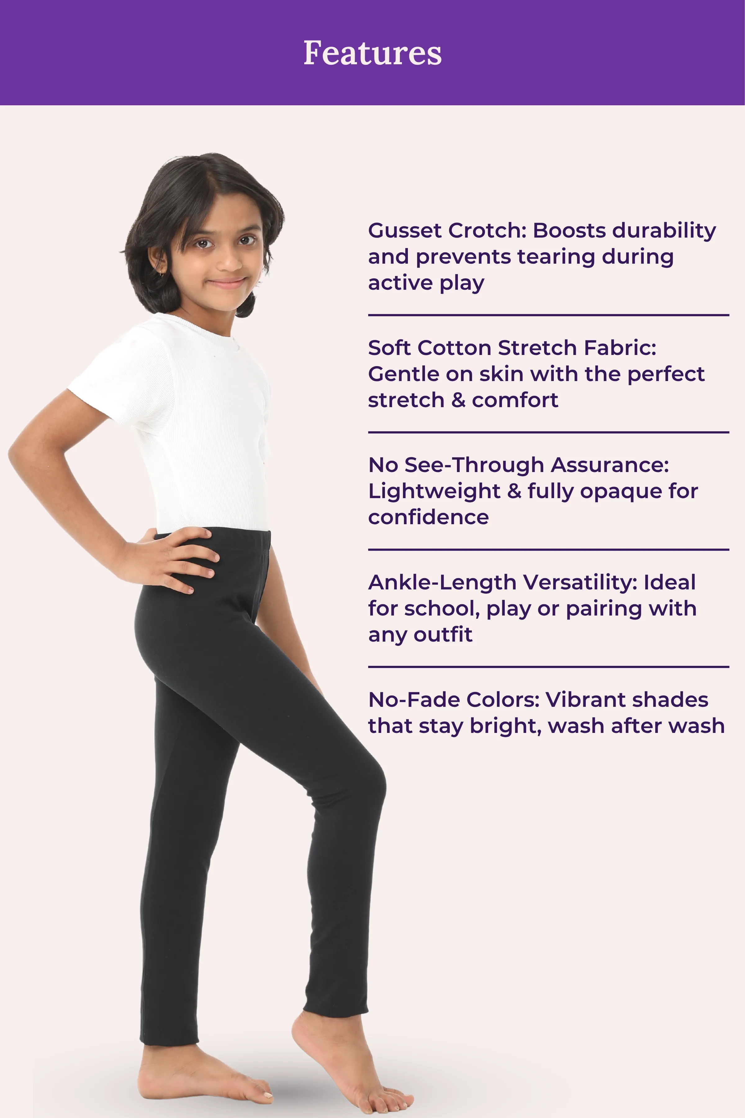 Girls' Leggings | Mid Waist | Ankle Length | Gusset Crotch Prevents Ripping | Non-See-Through | Cotton-Elastane Blend | Perfect For Every Occasion - Image 7