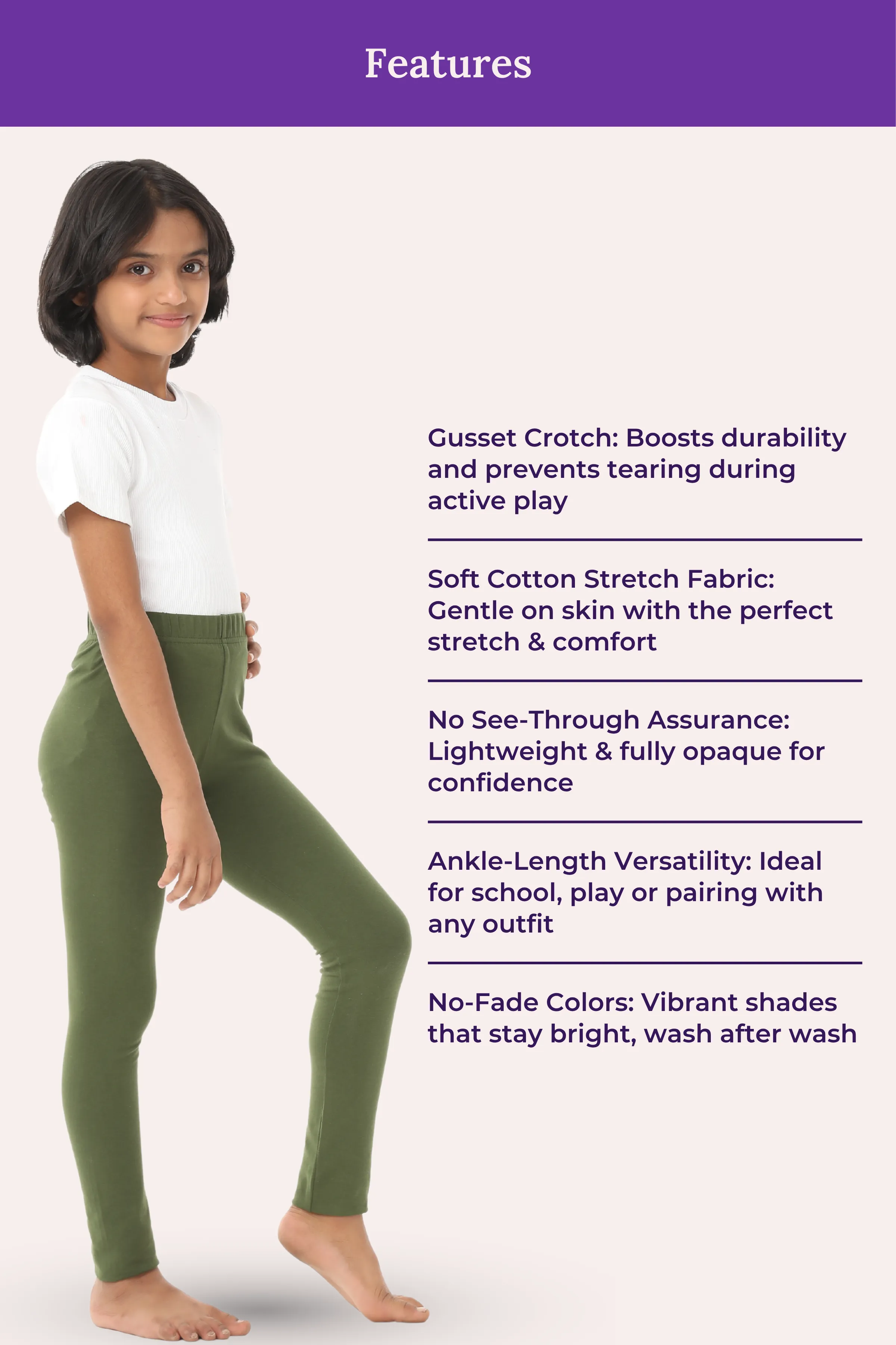 Girls' Leggings | Mid Waist | Ankle Length | Gusset Crotch Prevents Ripping | Non-See-Through | Cotton-Elastane Blend | Perfect For Every Occasion - Image 7