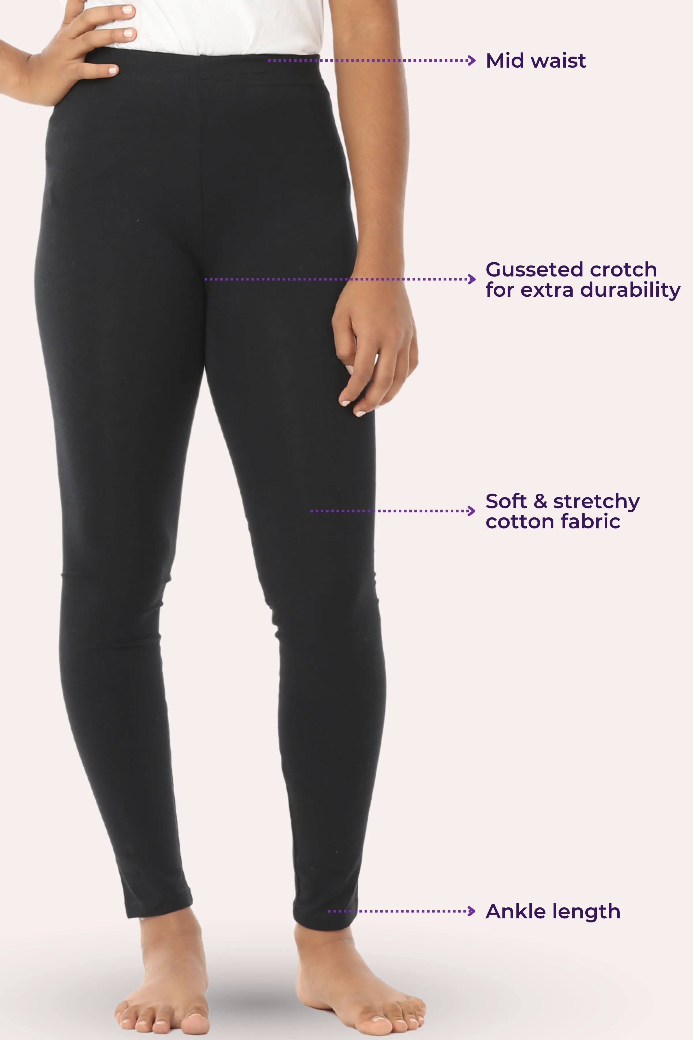 Teen Leggings | Mid Waist | Ankle Length | Soft Cotton & Elastane Blend | Gusset Crotch Prevents Ripping | Non-See-Through - Image 3