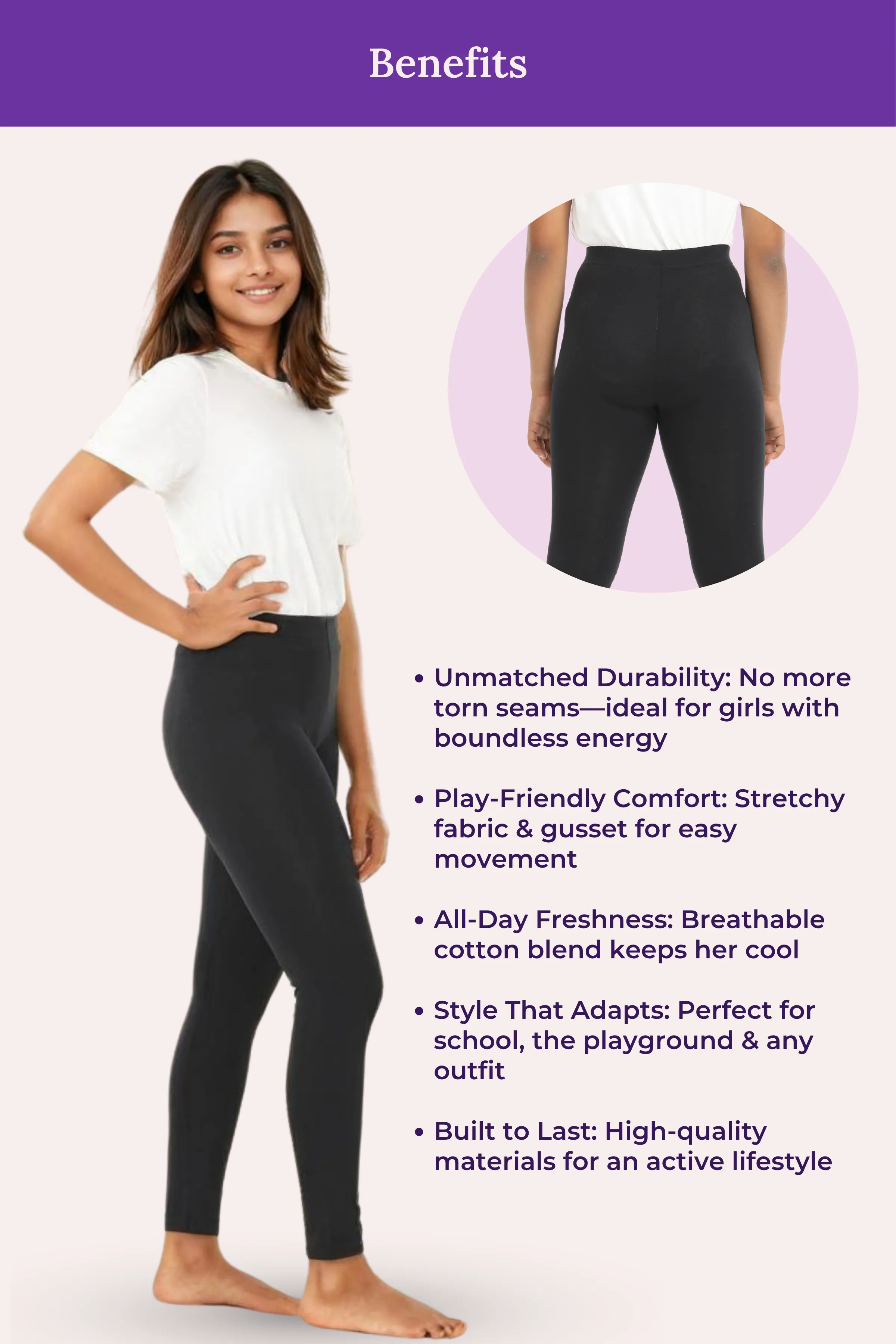 Teen Leggings | Mid Waist | Ankle Length | Soft Cotton & Elastane Blend | Gusset Crotch Prevents Ripping | Non-See-Through - Image 6