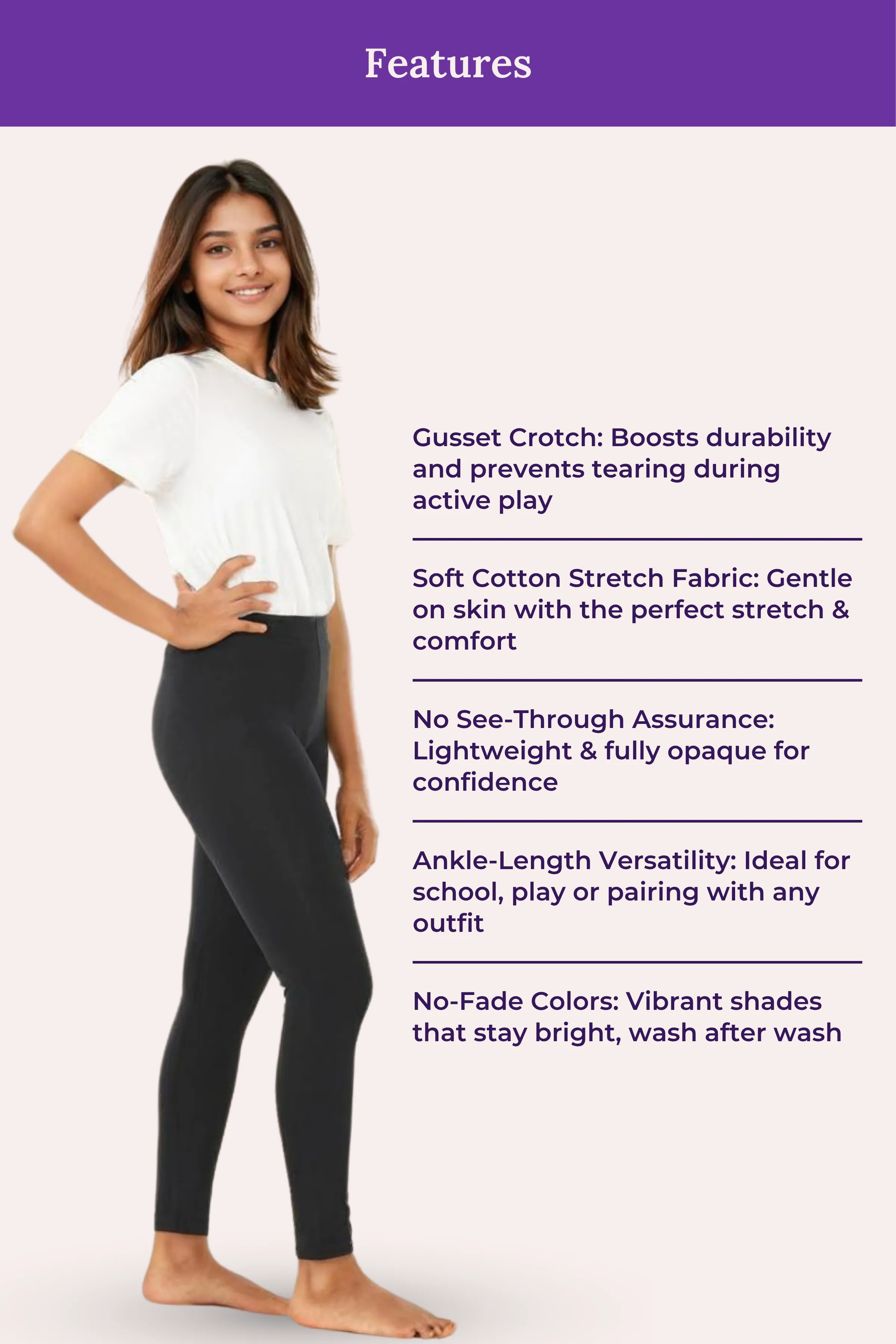 Teen Leggings | Mid Waist | Ankle Length | Soft Cotton & Elastane Blend | Gusset Crotch Prevents Ripping | Non-See-Through - Image 7
