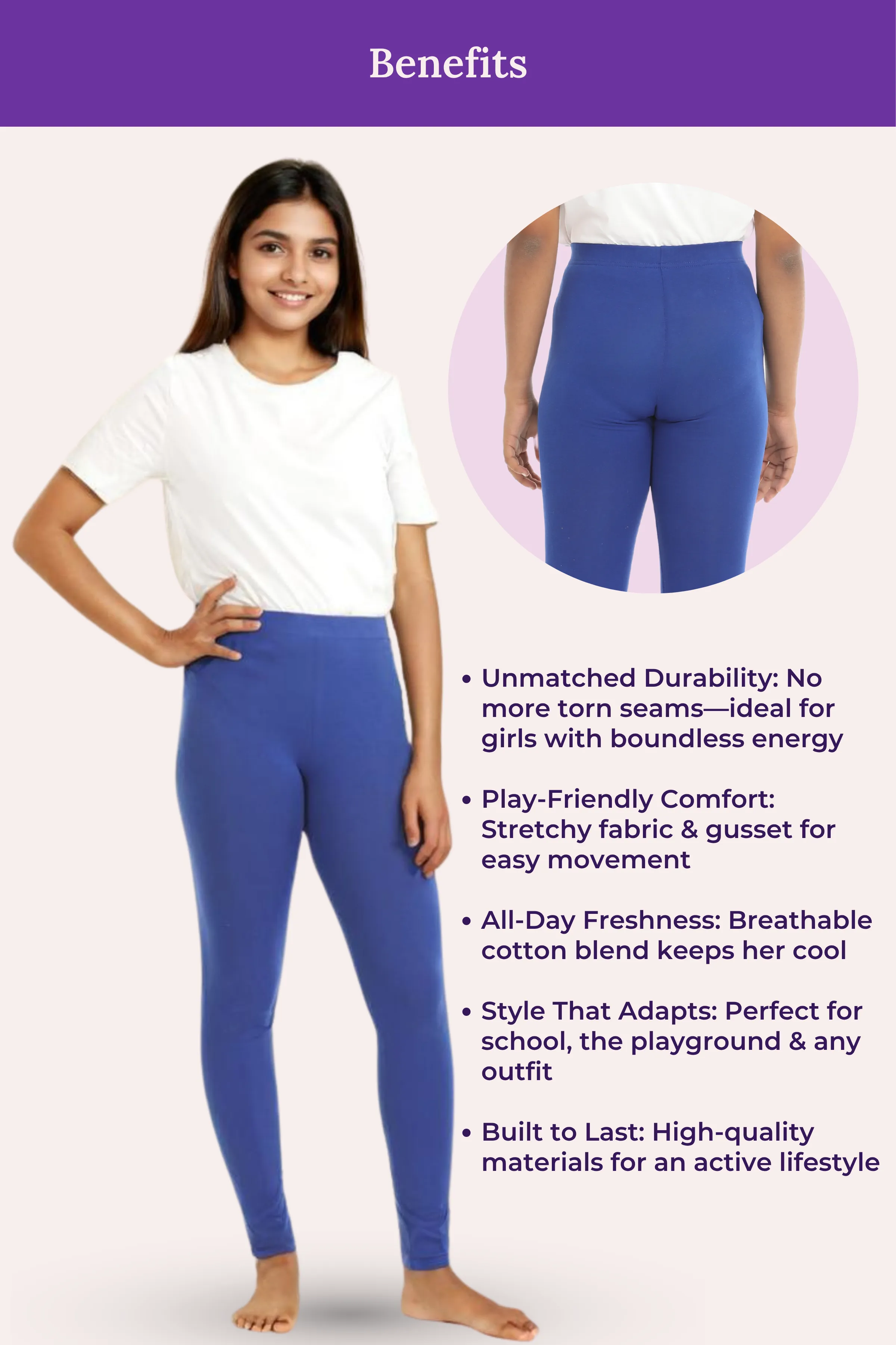 Teen Leggings | Mid Waist | Ankle Length | Cotton-Elastane Blend | Non-See-Through | Gusset Crotch Prevents Ripping - Image 6