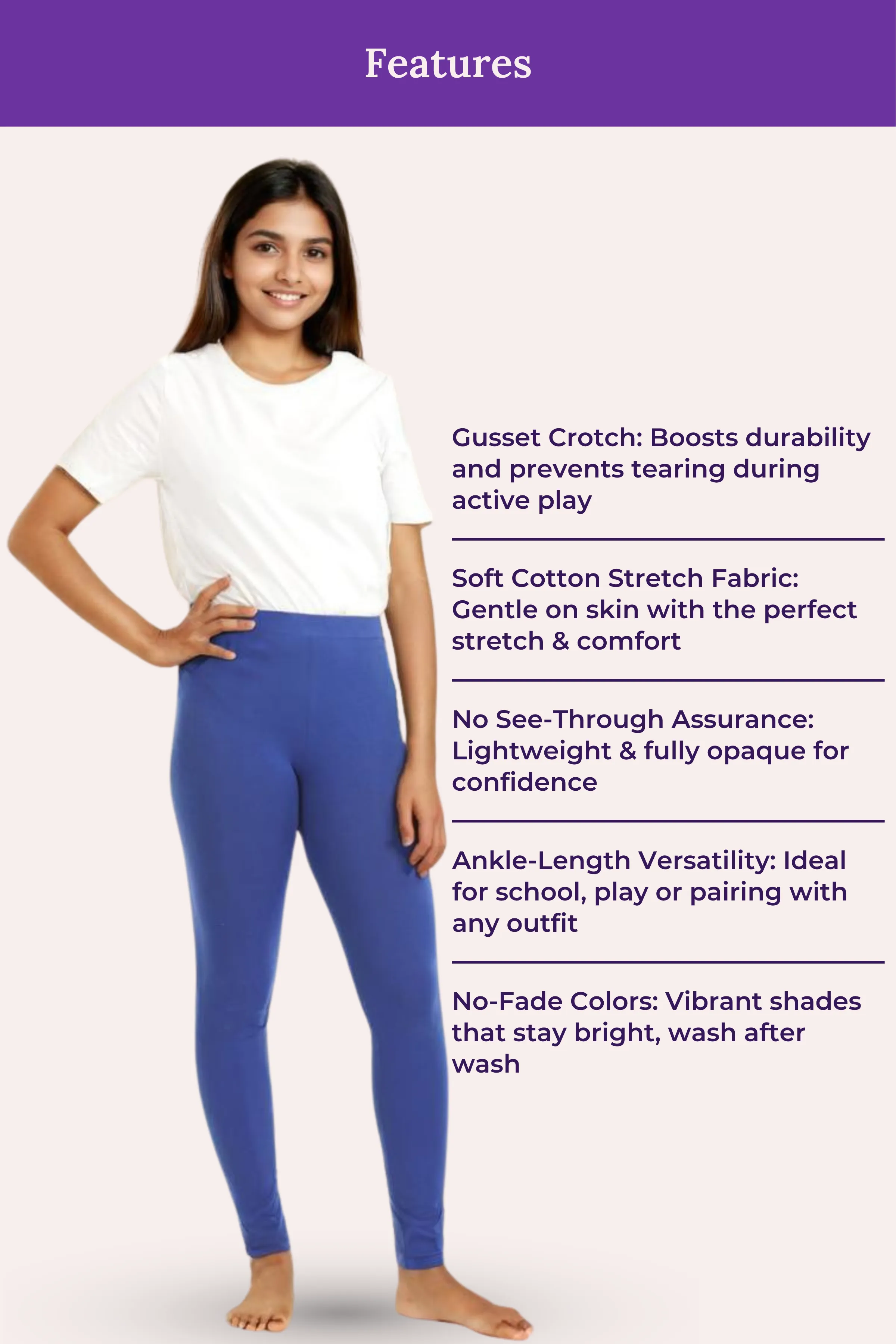 Teen Leggings | Mid Waist | Ankle Length | Cotton-Elastane Blend | Non-See-Through | Gusset Crotch Prevents Ripping - Image 7