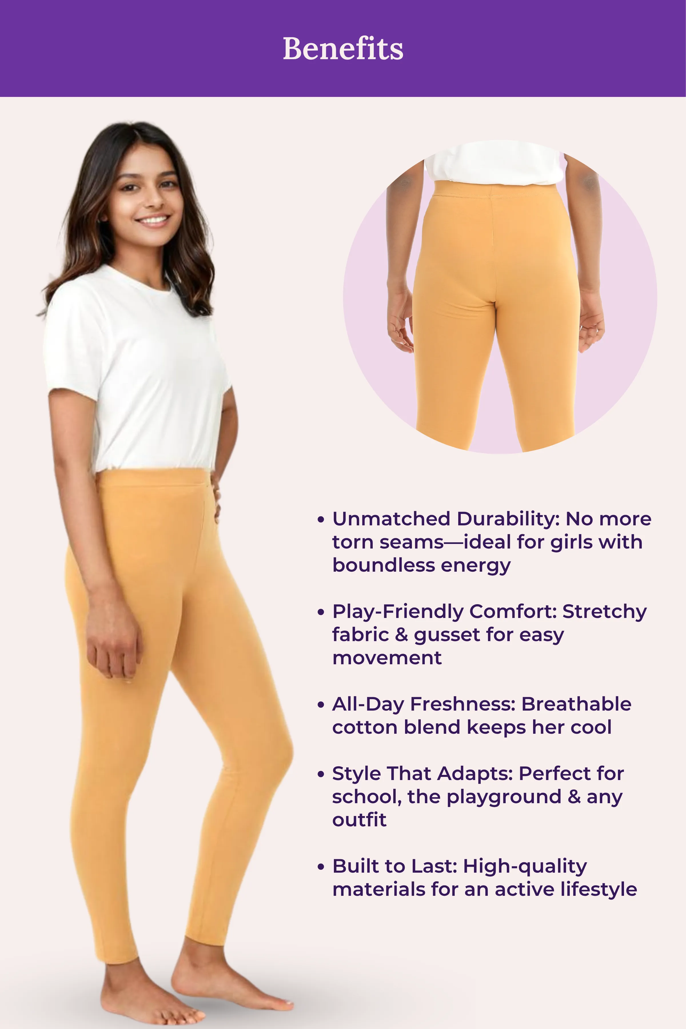 Teen Leggings | Mid Waist | Ankle Length | Soft Cotton & Elastane Blend | Non-See-Through | Gusset Crotch Prevents Ripping - Image 6