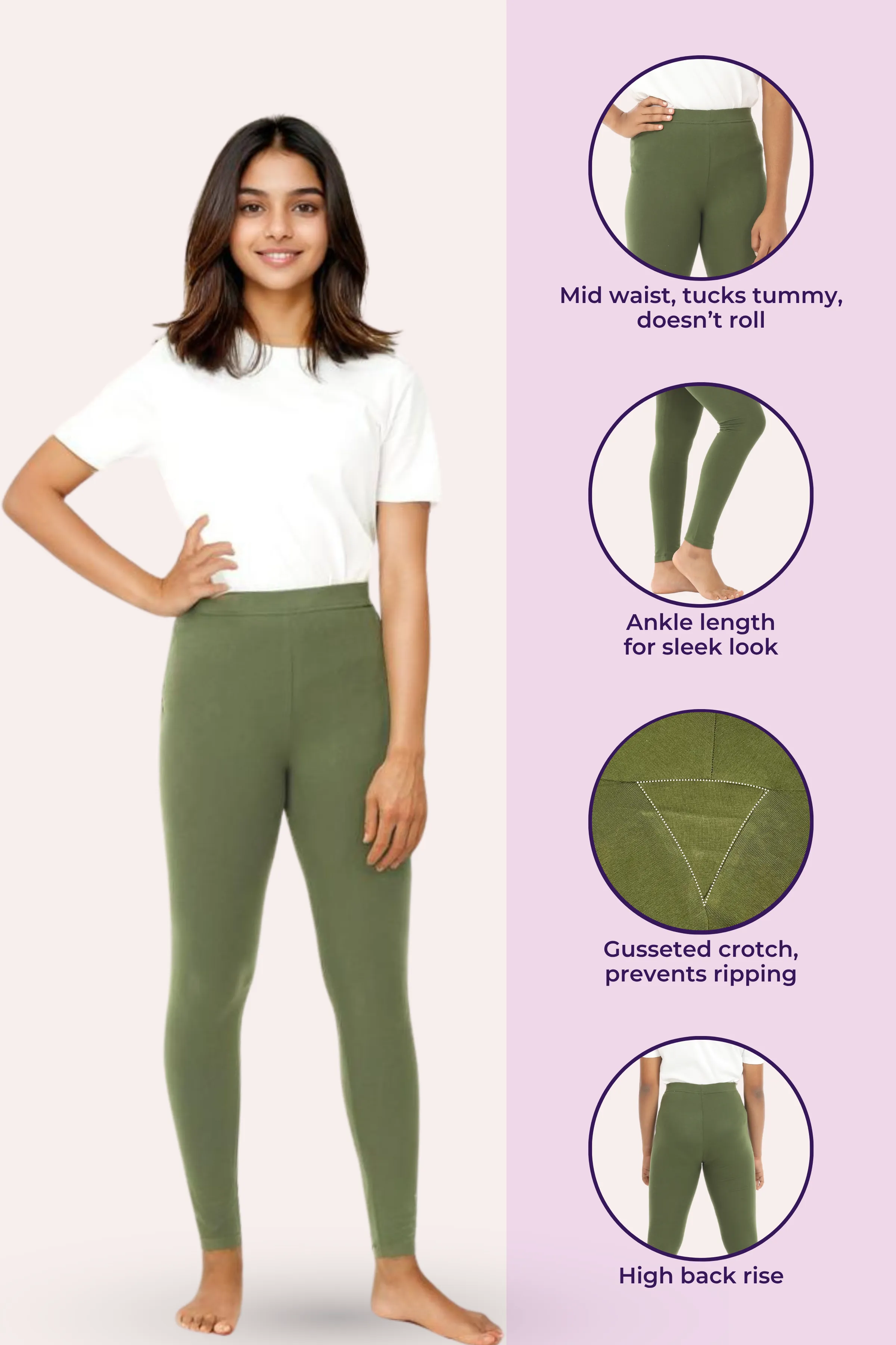 Teen Leggings | Mid Waist | Ankle Length | Non-See-Through | Soft Cotton & Elastane Blend | Gusset Crotch Prevents Ripping - Image 2