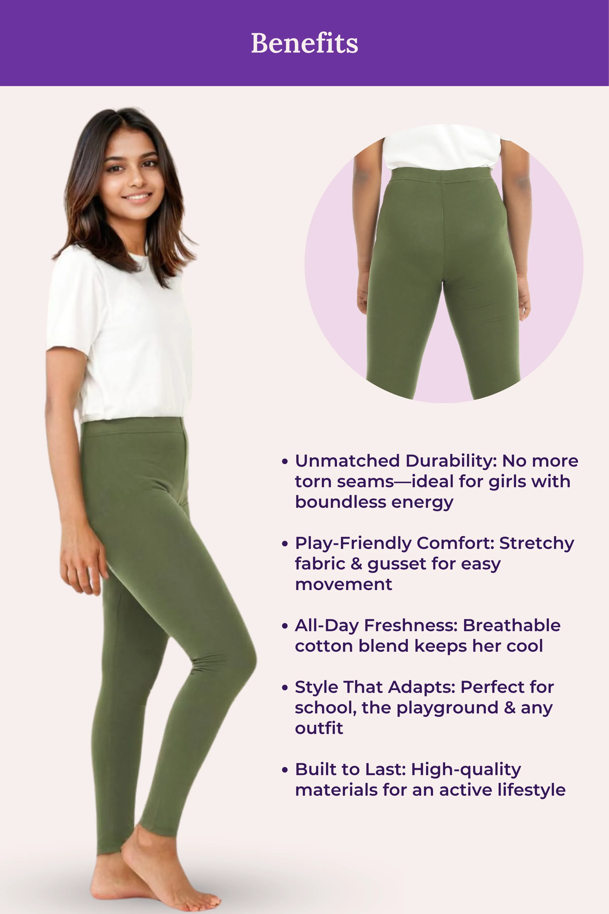 Teen Leggings | Mid Waist | Ankle Length | Non-See-Through | Soft Cotton & Elastane Blend | Gusset Crotch Prevents Ripping - Image 6