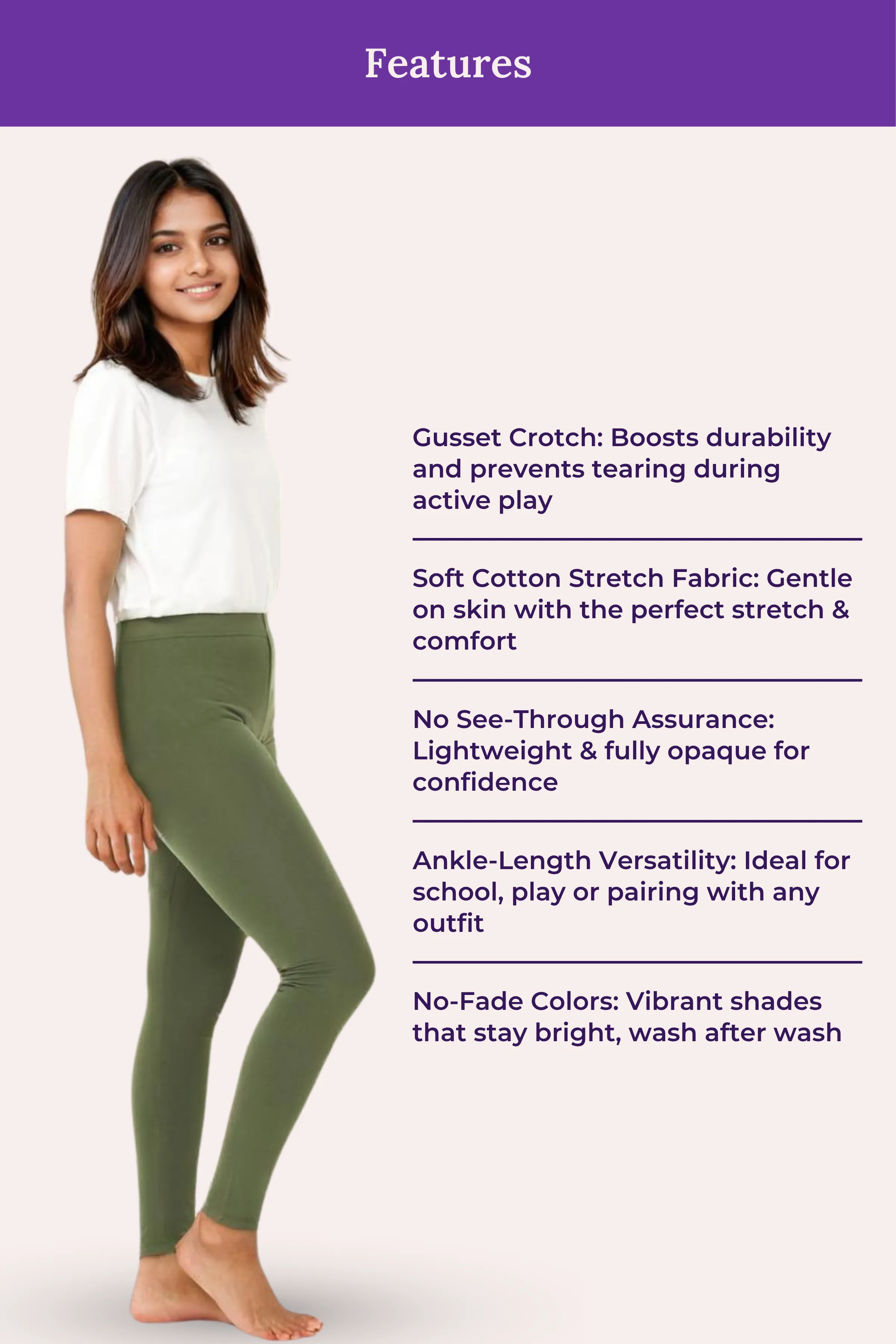 Teen Leggings | Mid Waist | Ankle Length | Non-See-Through | Soft Cotton & Elastane Blend | Gusset Crotch Prevents Ripping - Image 7