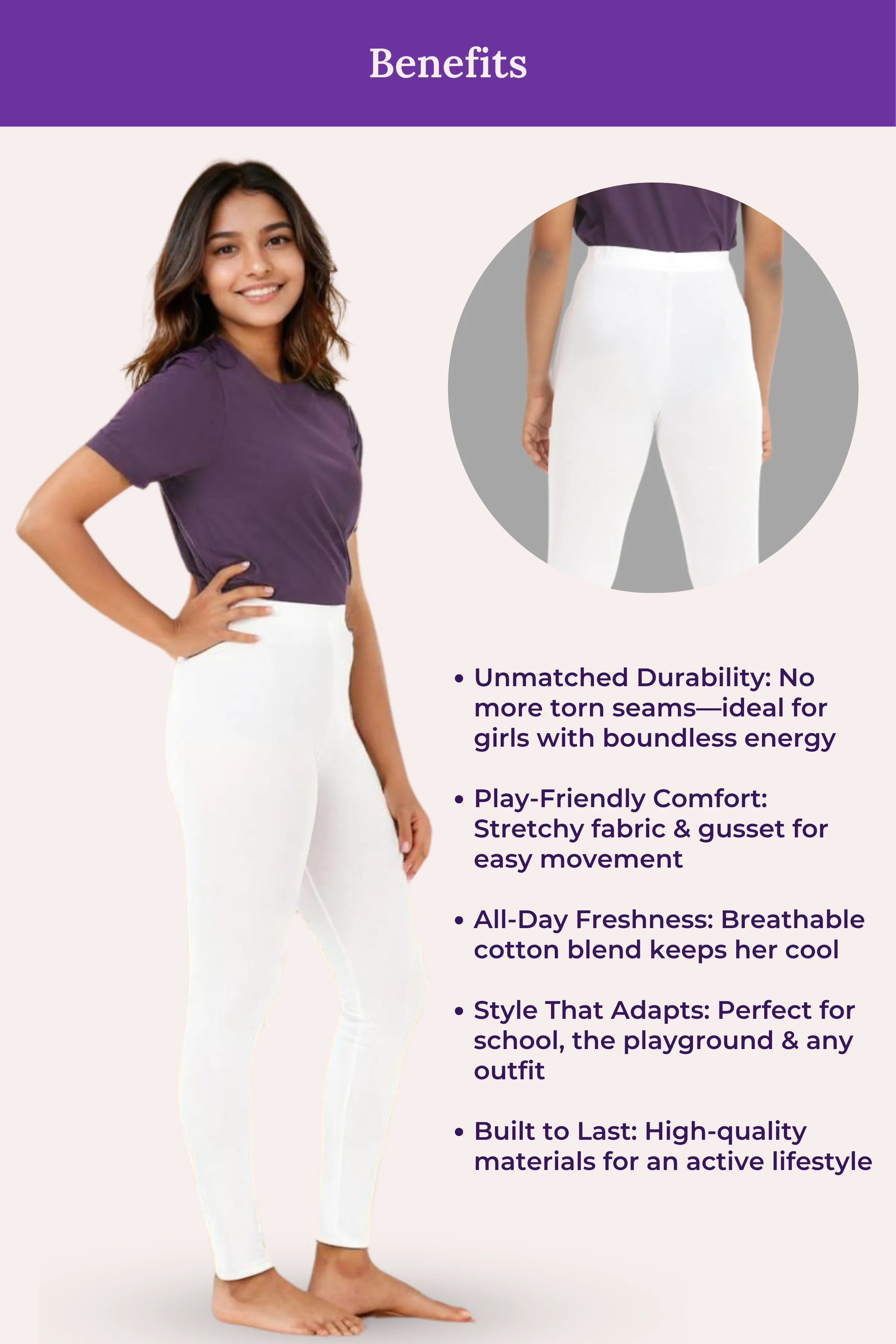 Teen Leggings | Mid Waist | Ankle Length | Non-See-Through | Soft Cotton & Elastane Blend | Gusset Crotch Prevents Ripping - Image 6