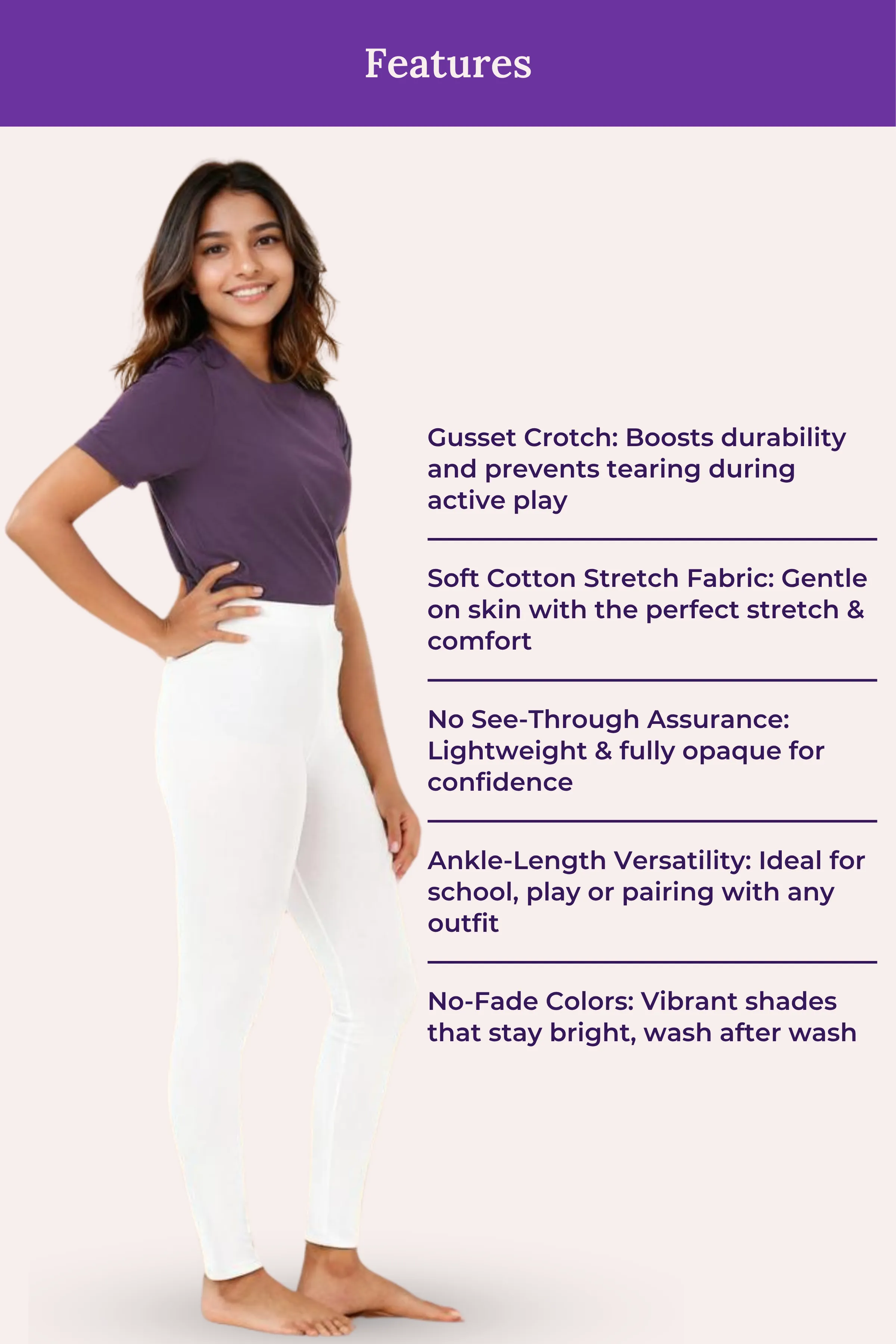 Teen Leggings | Mid Waist | Ankle Length | Non-See-Through | Soft Cotton & Elastane Blend | Gusset Crotch Prevents Ripping - Image 7