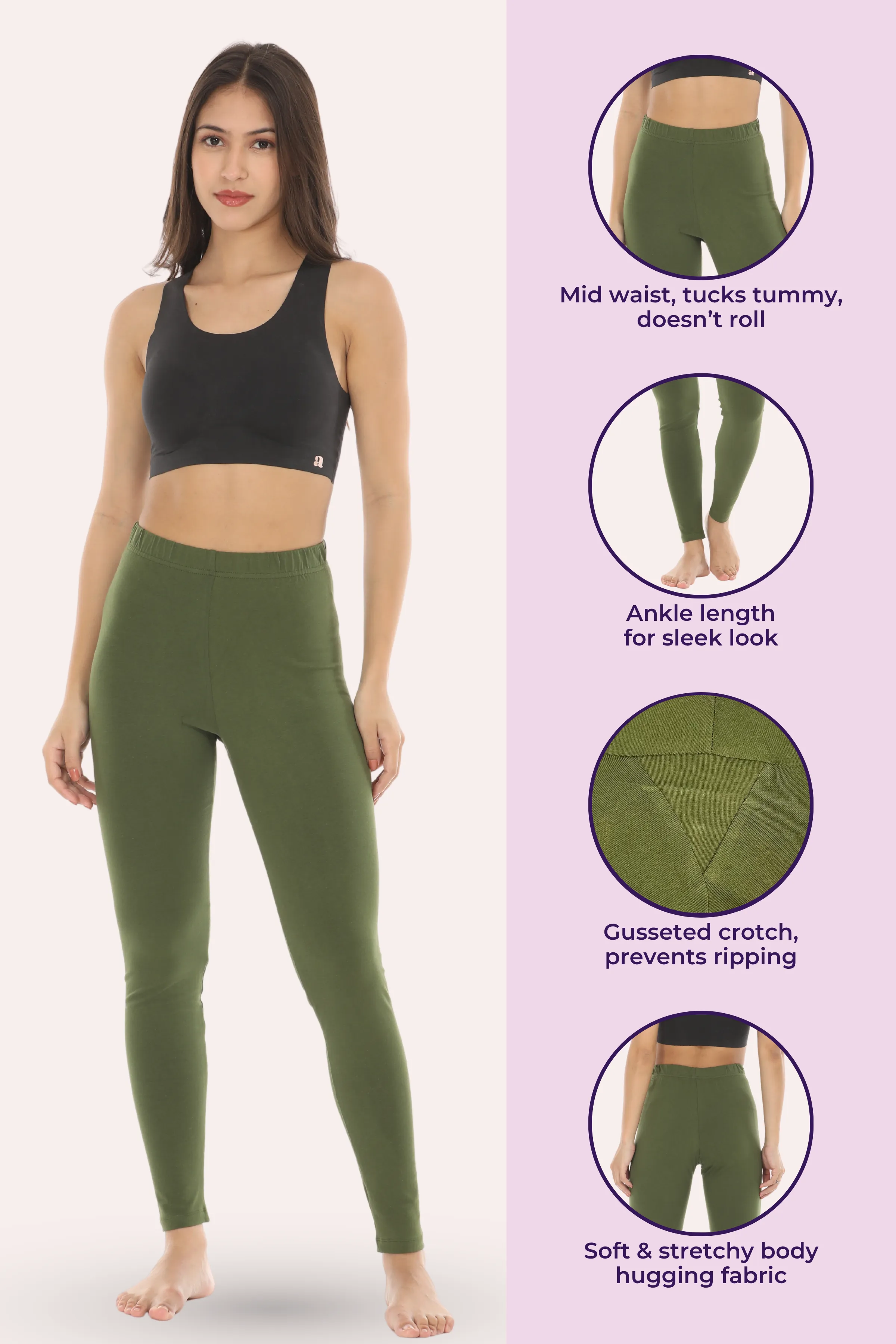 Women's Leggings | Mid Waist | Ankle Length | Cotton-Elastane Blend | Non-See-Through | Gusset Crotch Prevents Ripping - Image 2