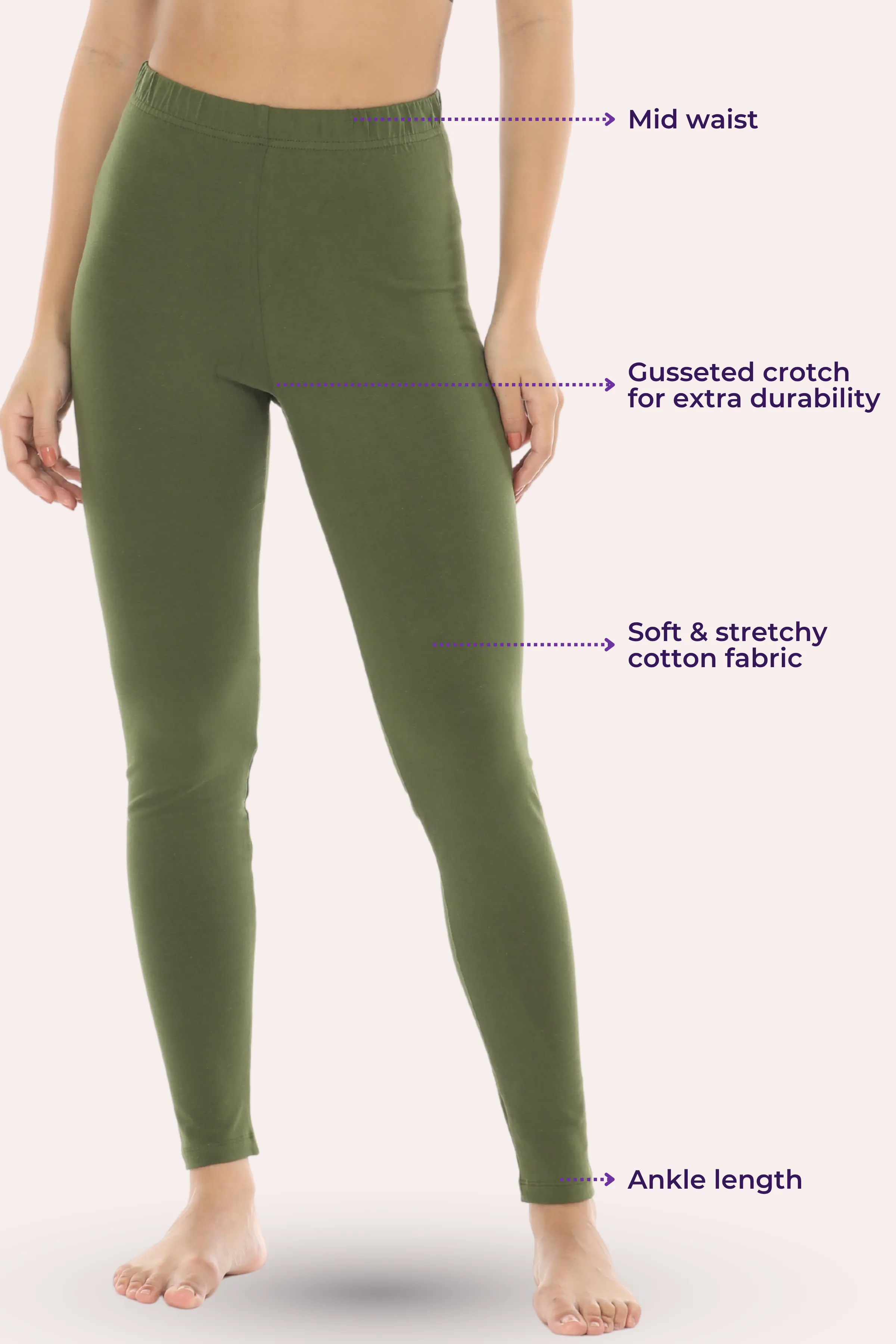 Women's Leggings | Mid Waist | Ankle Length | Cotton-Elastane Blend | Non-See-Through | Gusset Crotch Prevents Ripping - Image 3