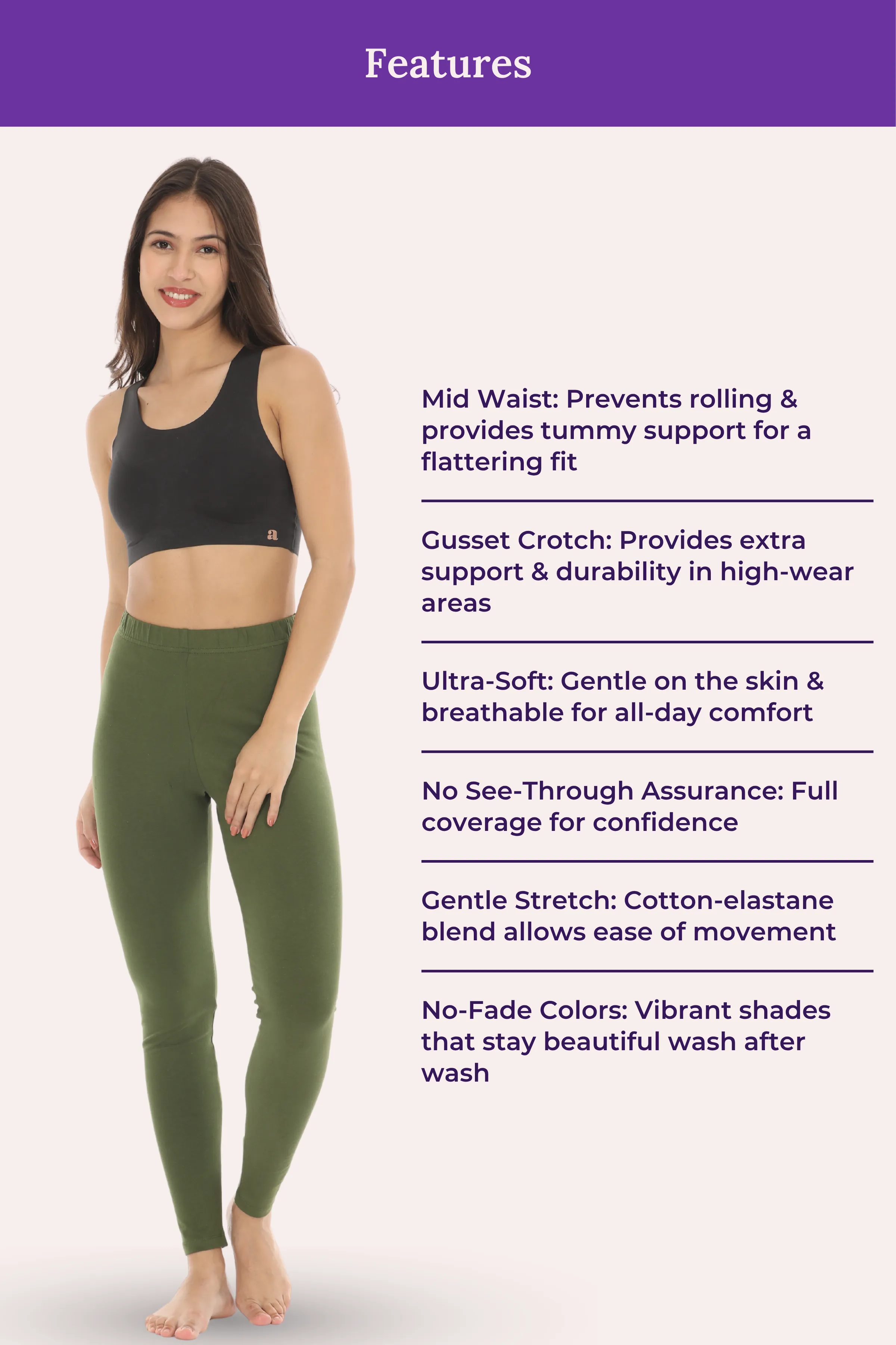 Women's Leggings | Mid Waist | Ankle Length | Cotton-Elastane Blend | Non-See-Through | Gusset Crotch Prevents Ripping - Image 7