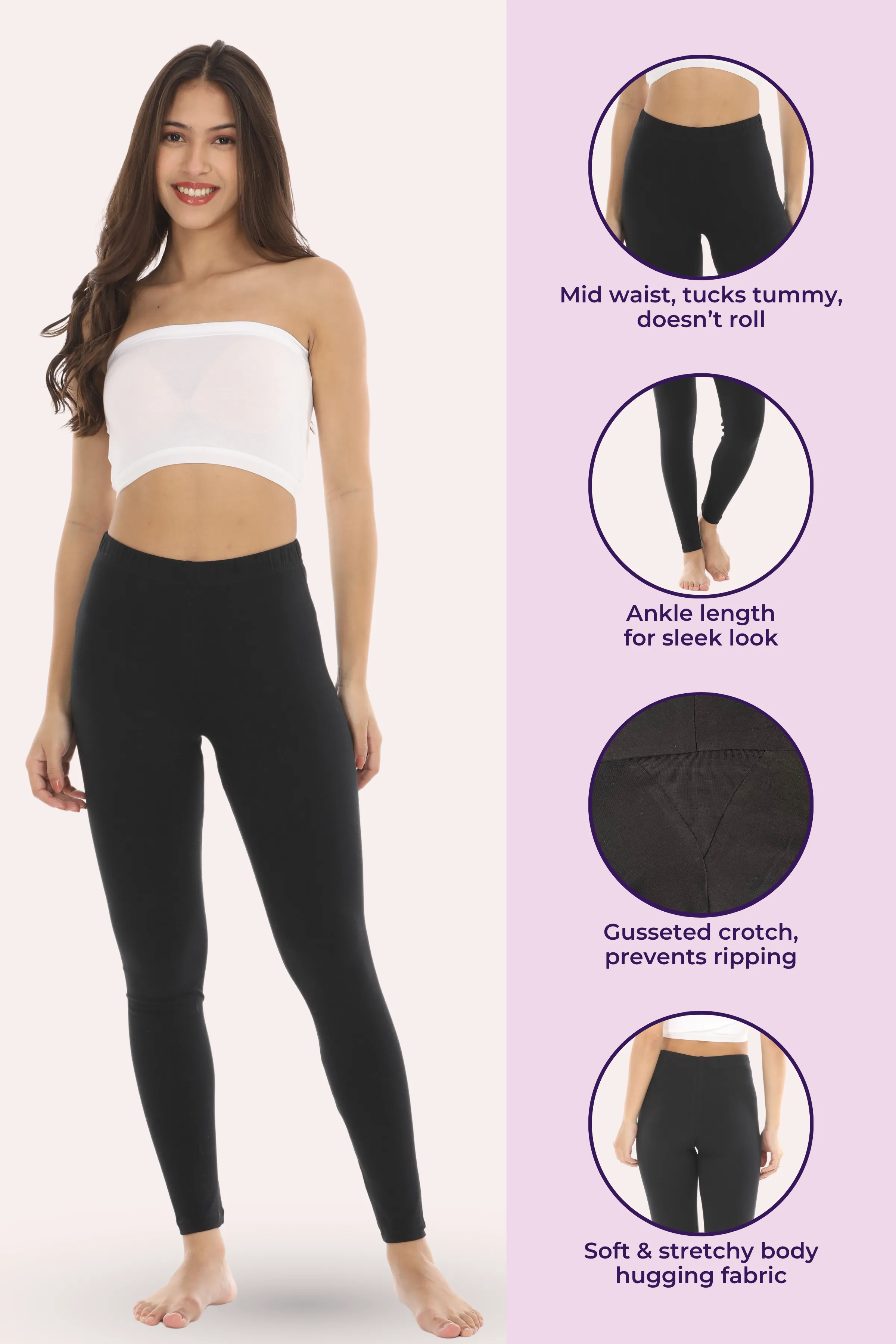 Women's Leggings | Mid Waist | Ankle Length | Cotton-Elastane Blend | Non-See-Through | Gusset Crotch Prevents Ripping - Image 2