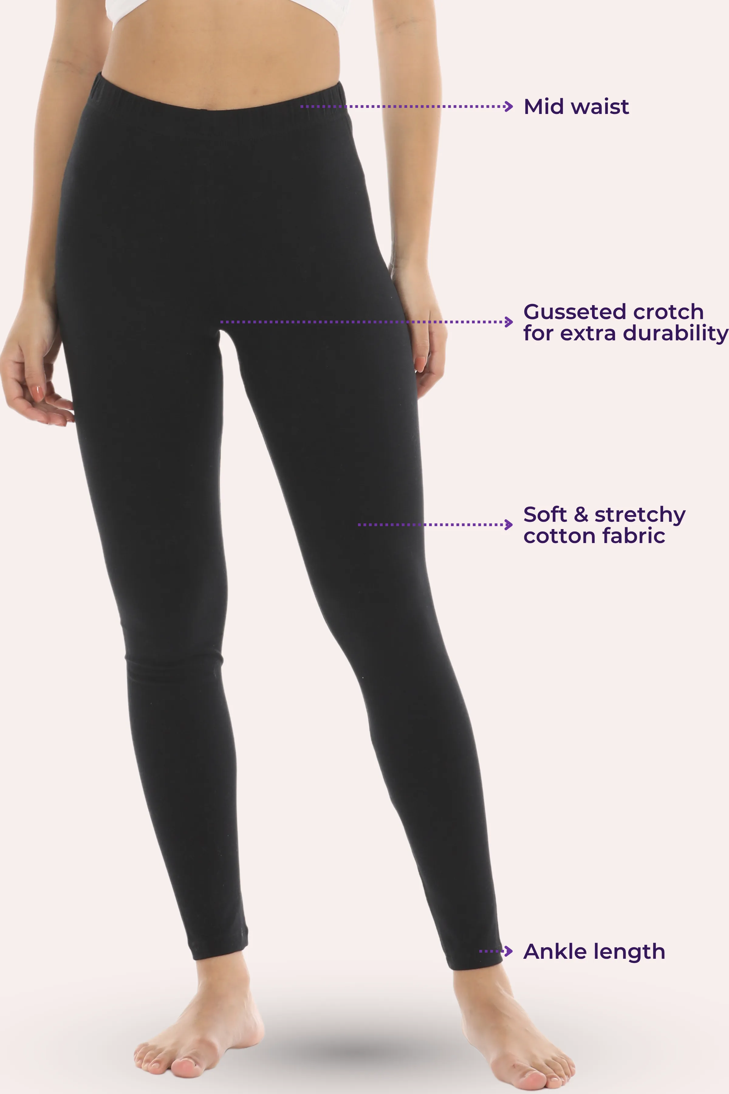Women's Leggings | Mid Waist | Ankle Length | Cotton-Elastane Blend | Non-See-Through | Gusset Crotch Prevents Ripping - Image 3