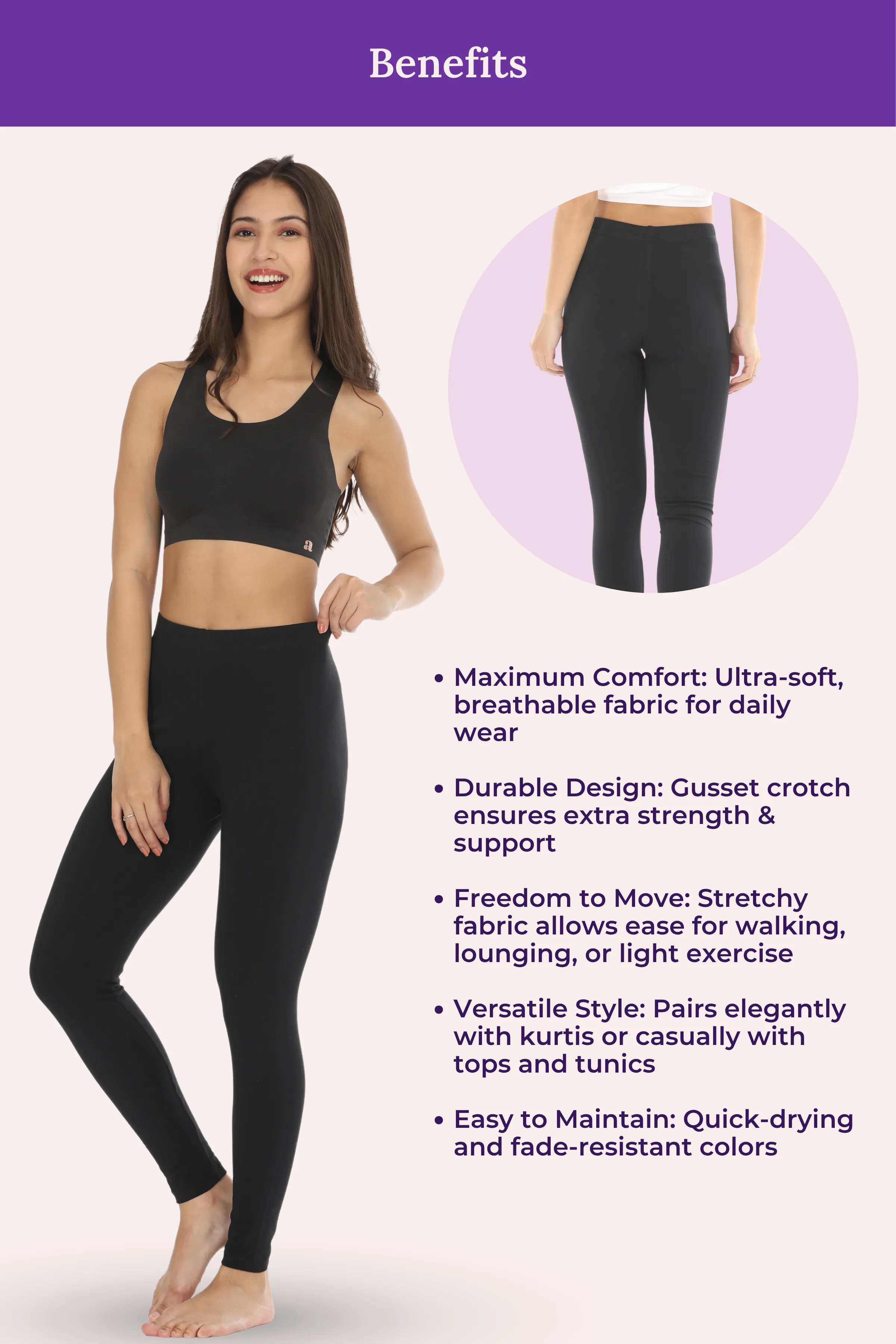 Women's Leggings | Mid Waist | Ankle Length | Cotton-Elastane Blend | Non-See-Through | Gusset Crotch Prevents Ripping - Image 6