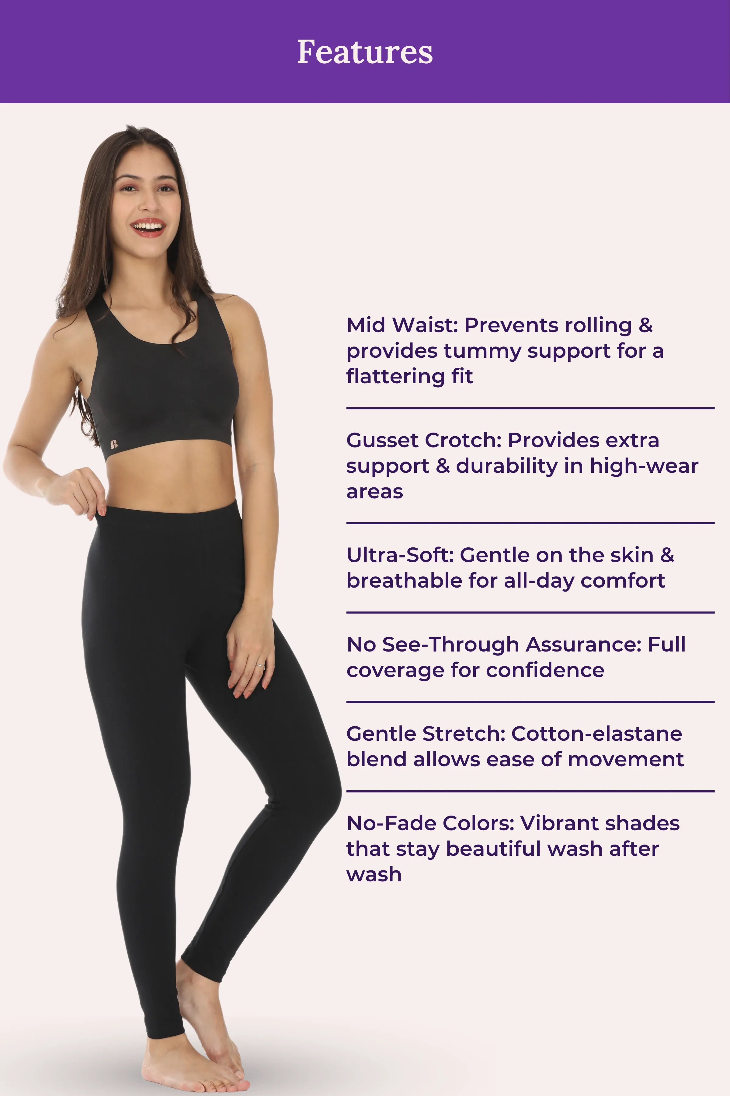 Women's Leggings | Mid Waist | Ankle Length | Cotton-Elastane Blend | Non-See-Through | Gusset Crotch Prevents Ripping - Image 7