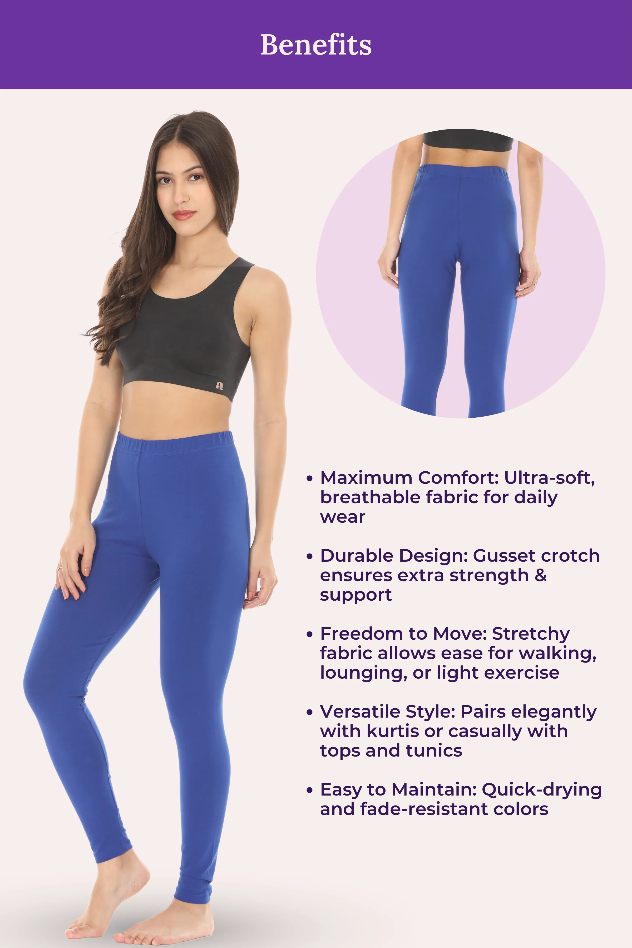 Women's Leggings | Mid Waist | Ankle Length | Cotton-Elastane Blend | Non-See-Through | Gusset Crotch Prevents Ripping - Image 6