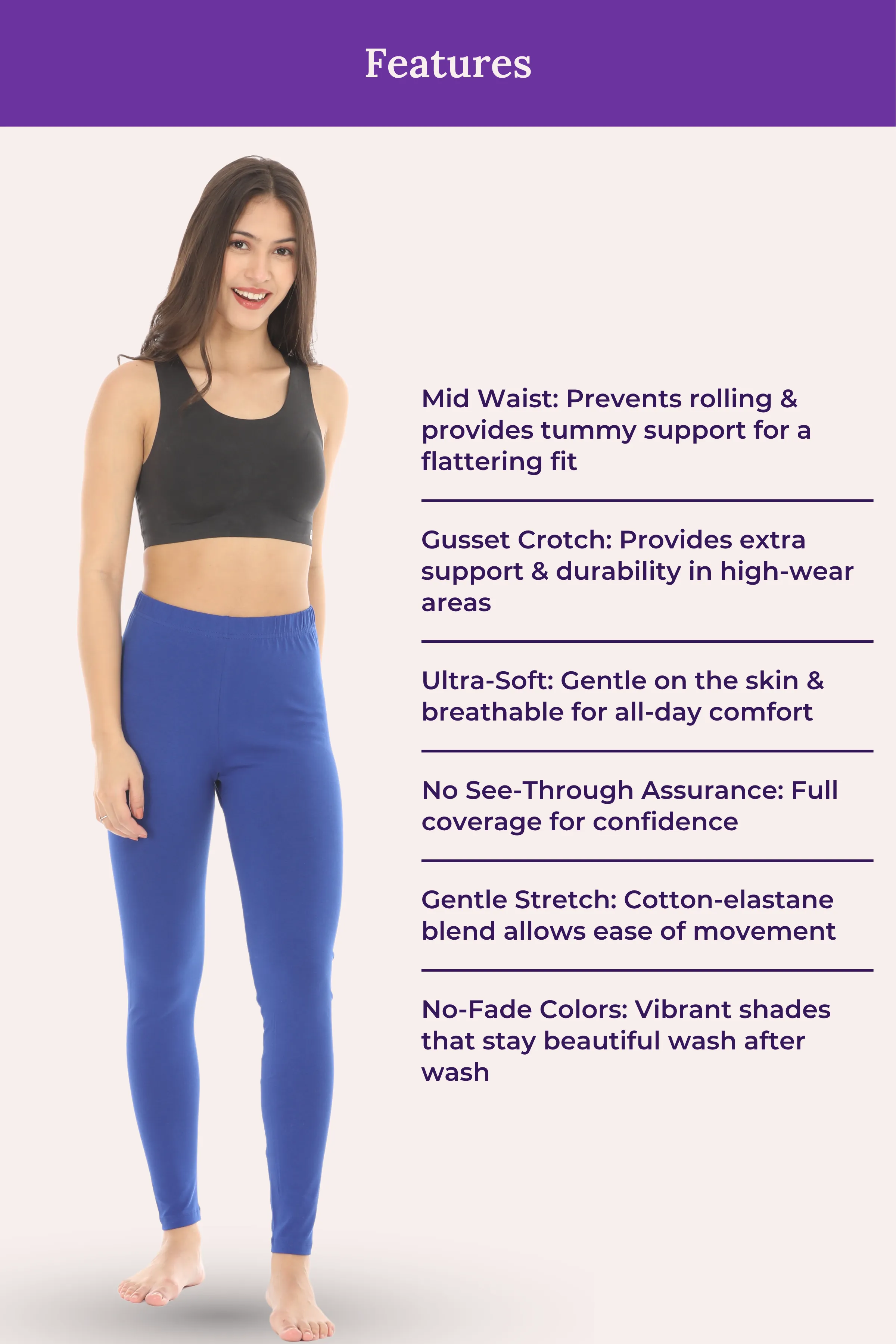 Women's Leggings | Mid Waist | Ankle Length | Cotton-Elastane Blend | Non-See-Through | Gusset Crotch Prevents Ripping - Image 7