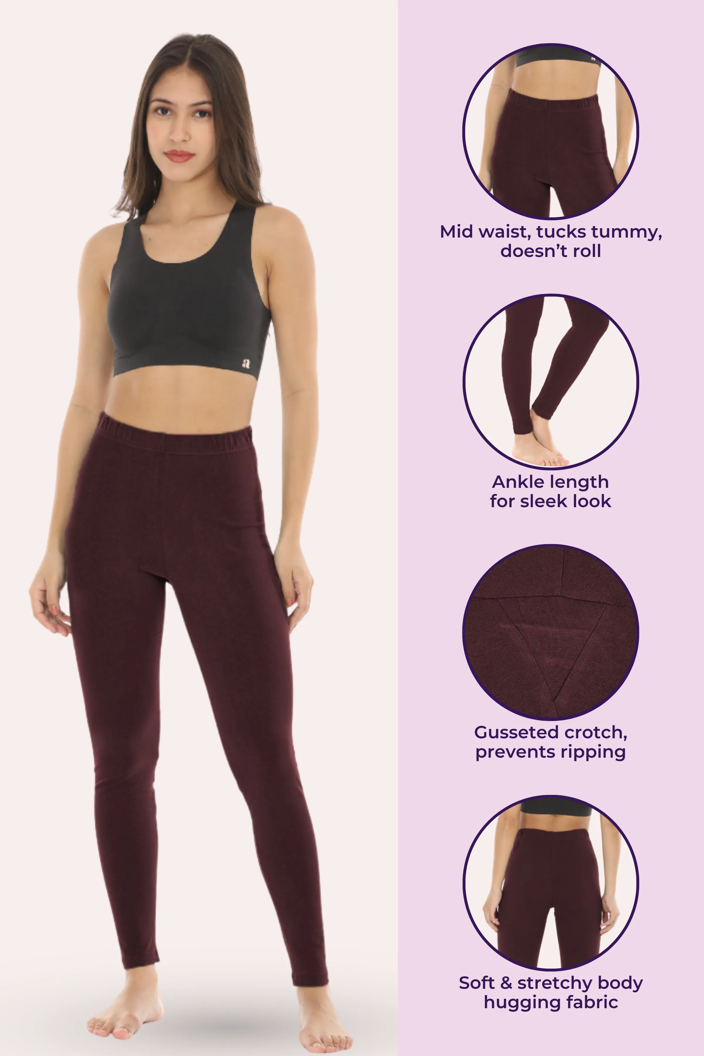 Women's Leggings | Mid Waist | Ankle Length | Cotton-Elastane Blend | Non-See-Through | Gusset Crotch Prevents Ripping - Image 2