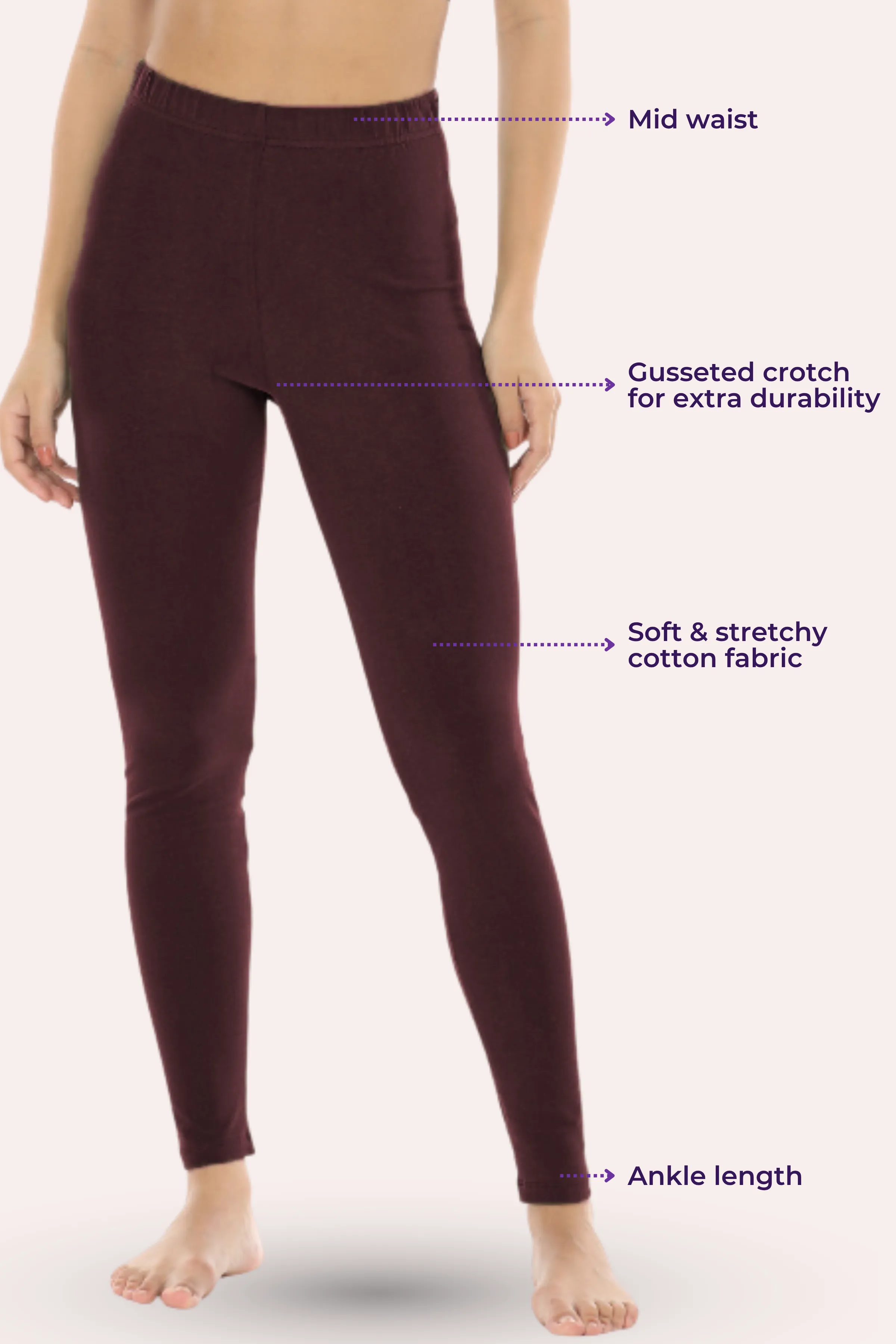 Women's Leggings | Mid Waist | Ankle Length | Cotton-Elastane Blend | Non-See-Through | Gusset Crotch Prevents Ripping - Image 3