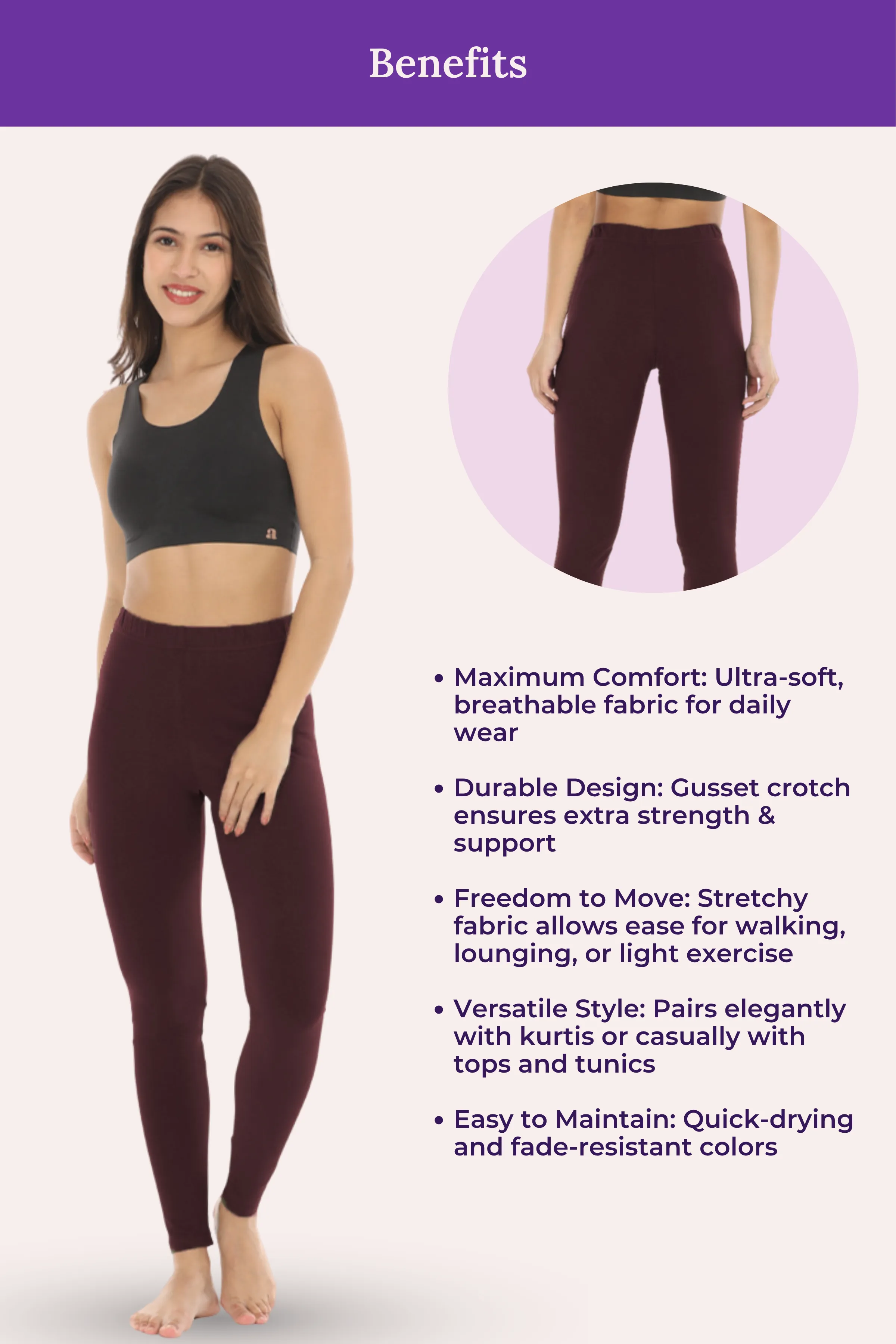 Women's Leggings | Mid Waist | Ankle Length | Cotton-Elastane Blend | Non-See-Through | Gusset Crotch Prevents Ripping - Image 6