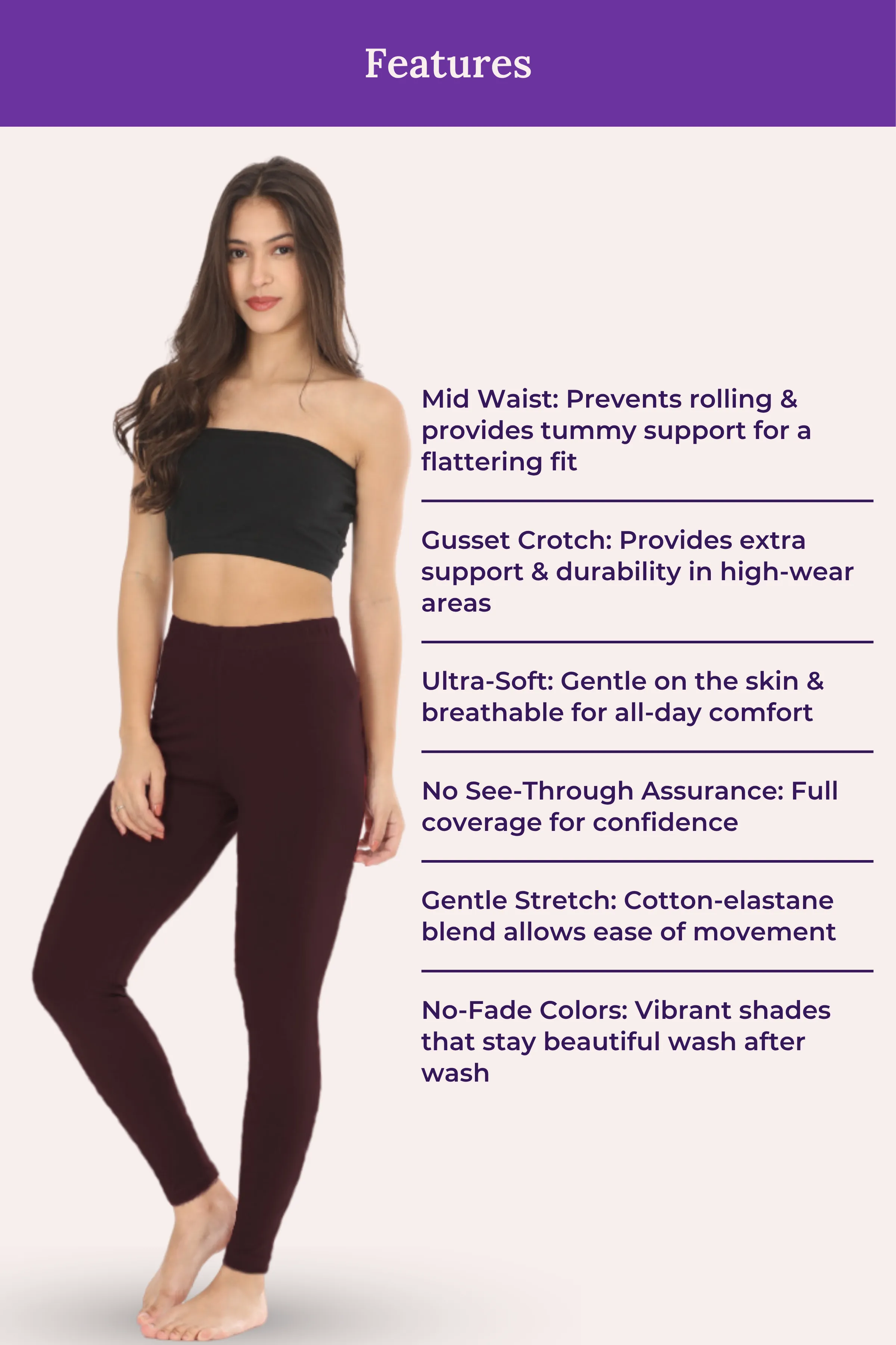 Women's Leggings | Mid Waist | Ankle Length | Cotton-Elastane Blend | Non-See-Through | Gusset Crotch Prevents Ripping - Image 7