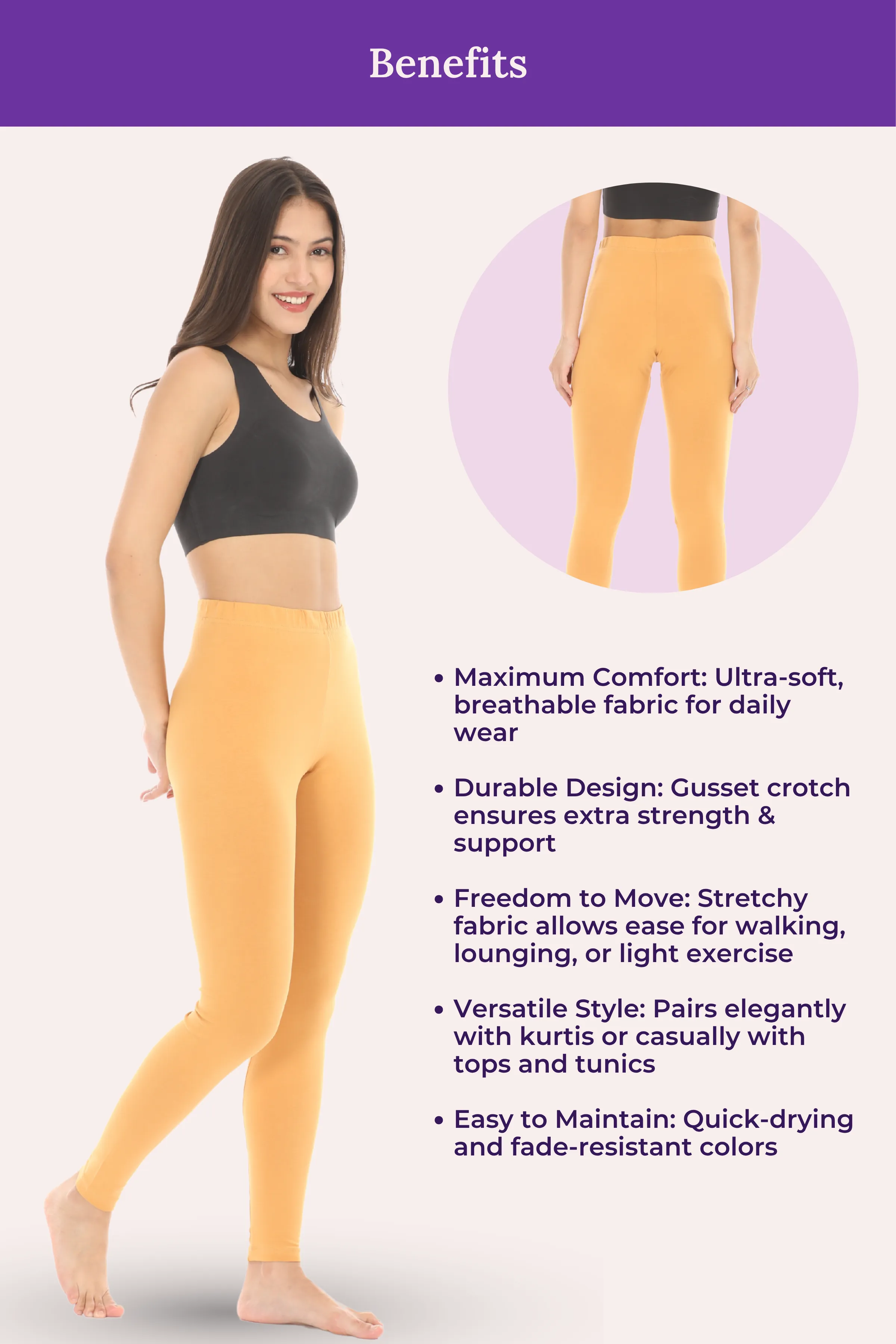 Women's Leggings | Mid Waist | Ankle Length | Cotton-Elastane Blend | Non-See-Through | Gusset Crotch Prevents Ripping - Image 6