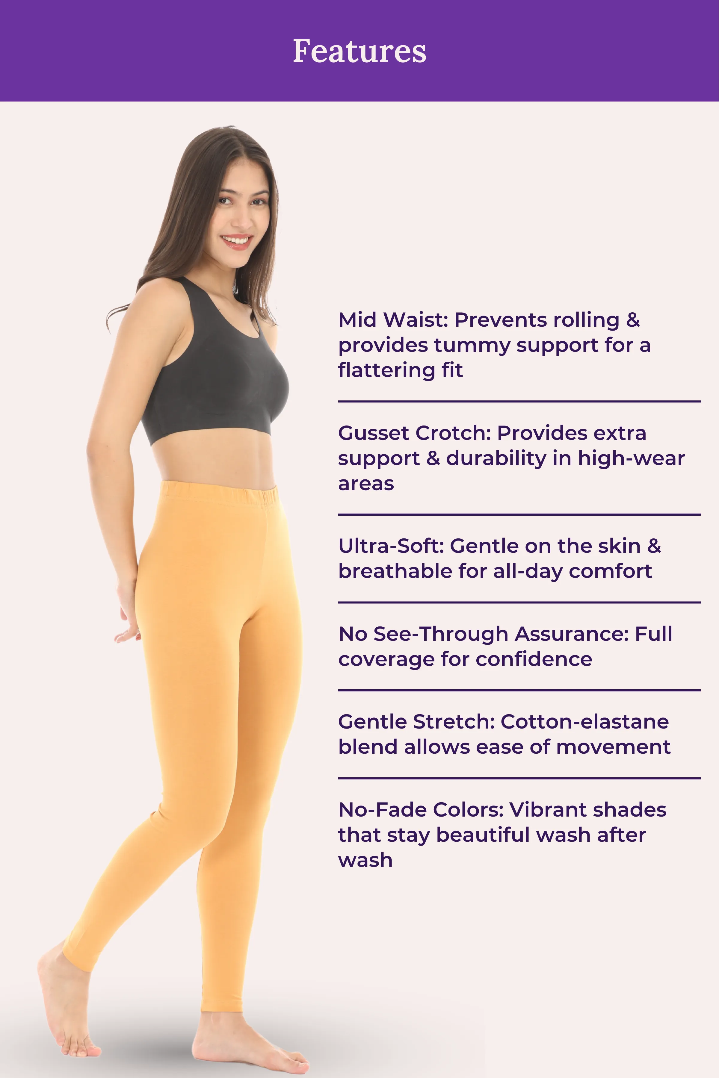 Women's Leggings | Mid Waist | Ankle Length | Cotton-Elastane Blend | Non-See-Through | Gusset Crotch Prevents Ripping - Image 7