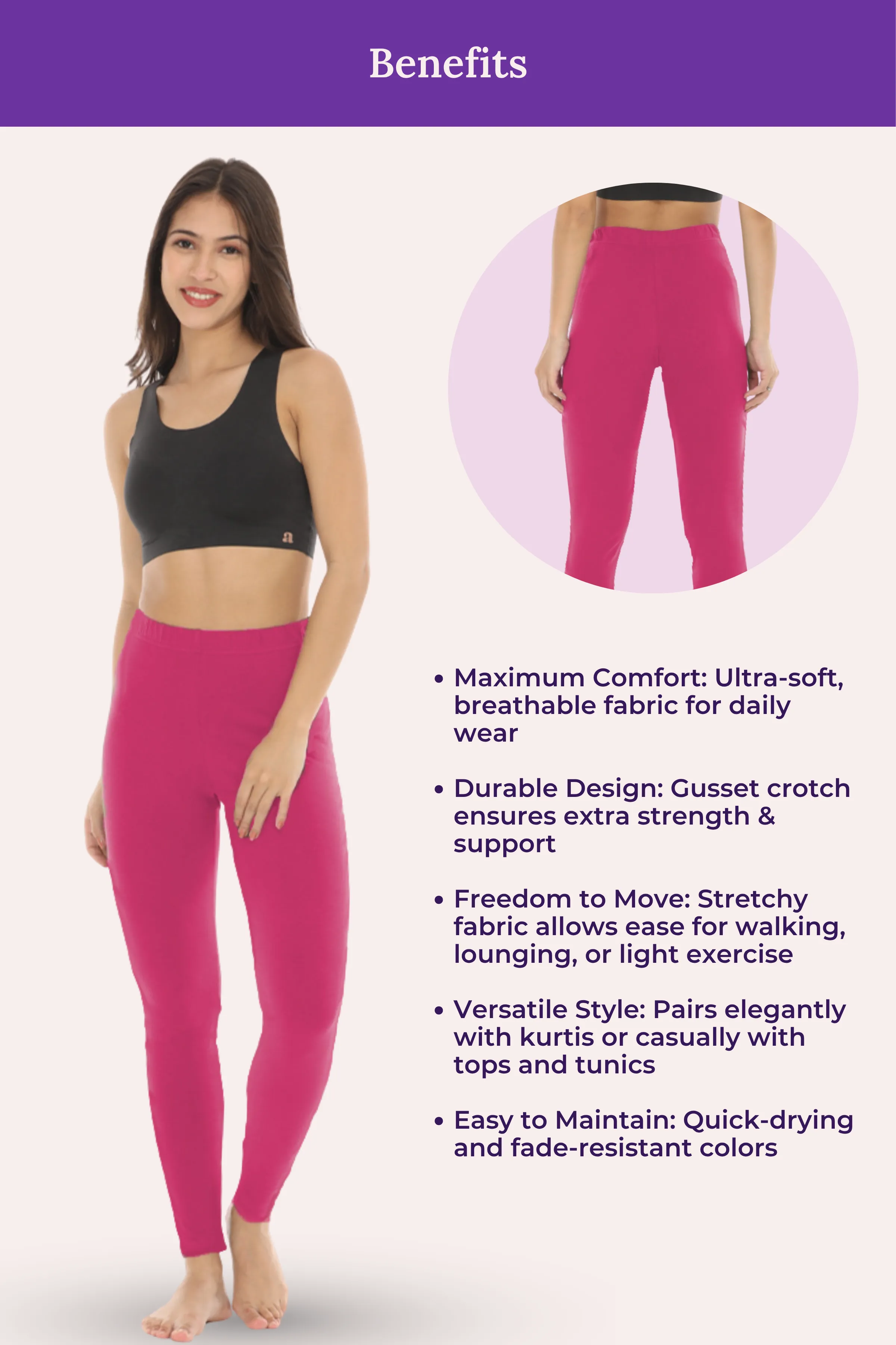 Women's Leggings | Mid Waist | Ankle Length | Cotton-Elastane Blend | Non-See-Through | Gusset Crotch Prevents Ripping - Image 6