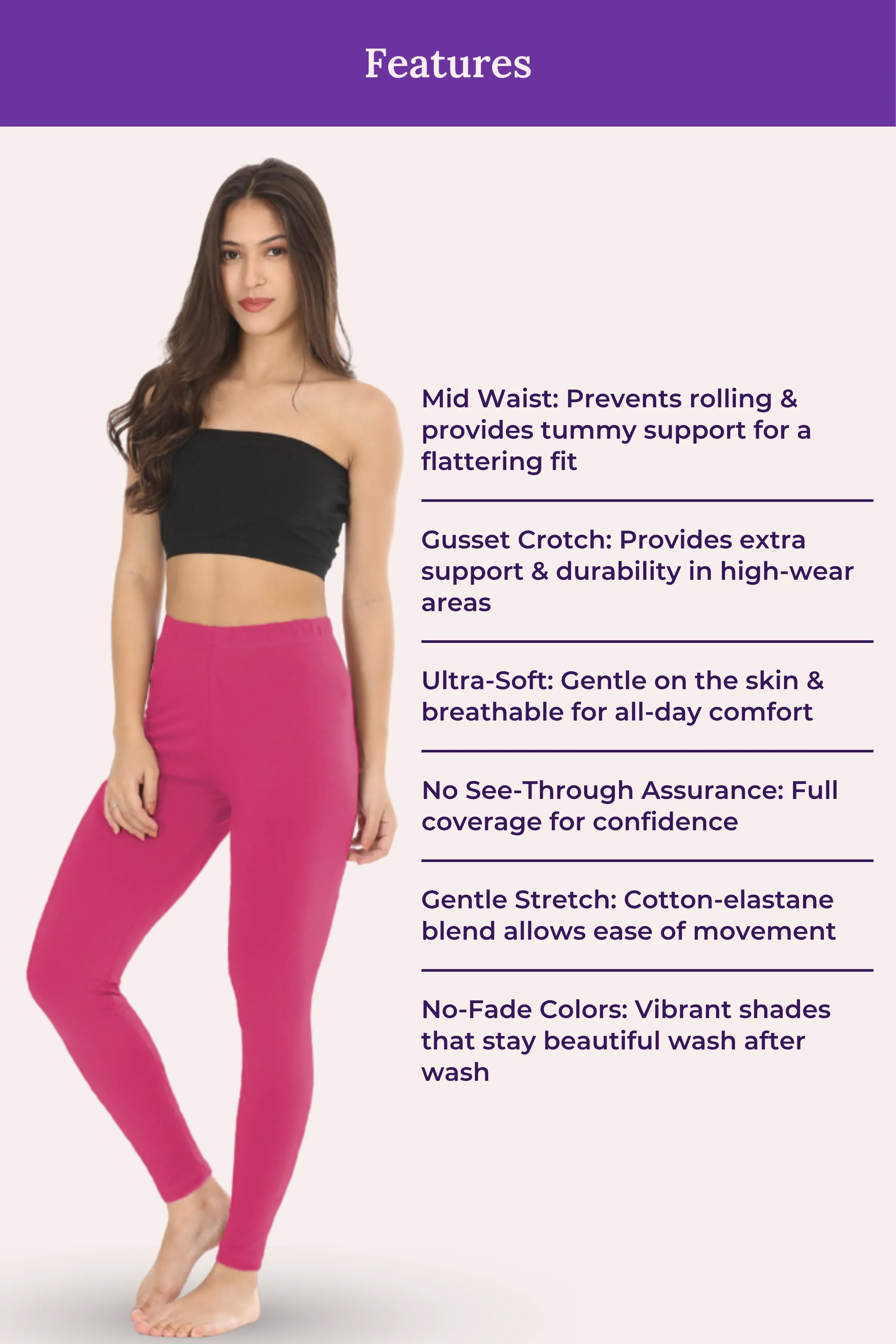 Women's Leggings | Mid Waist | Ankle Length | Cotton-Elastane Blend | Non-See-Through | Gusset Crotch Prevents Ripping - Image 7