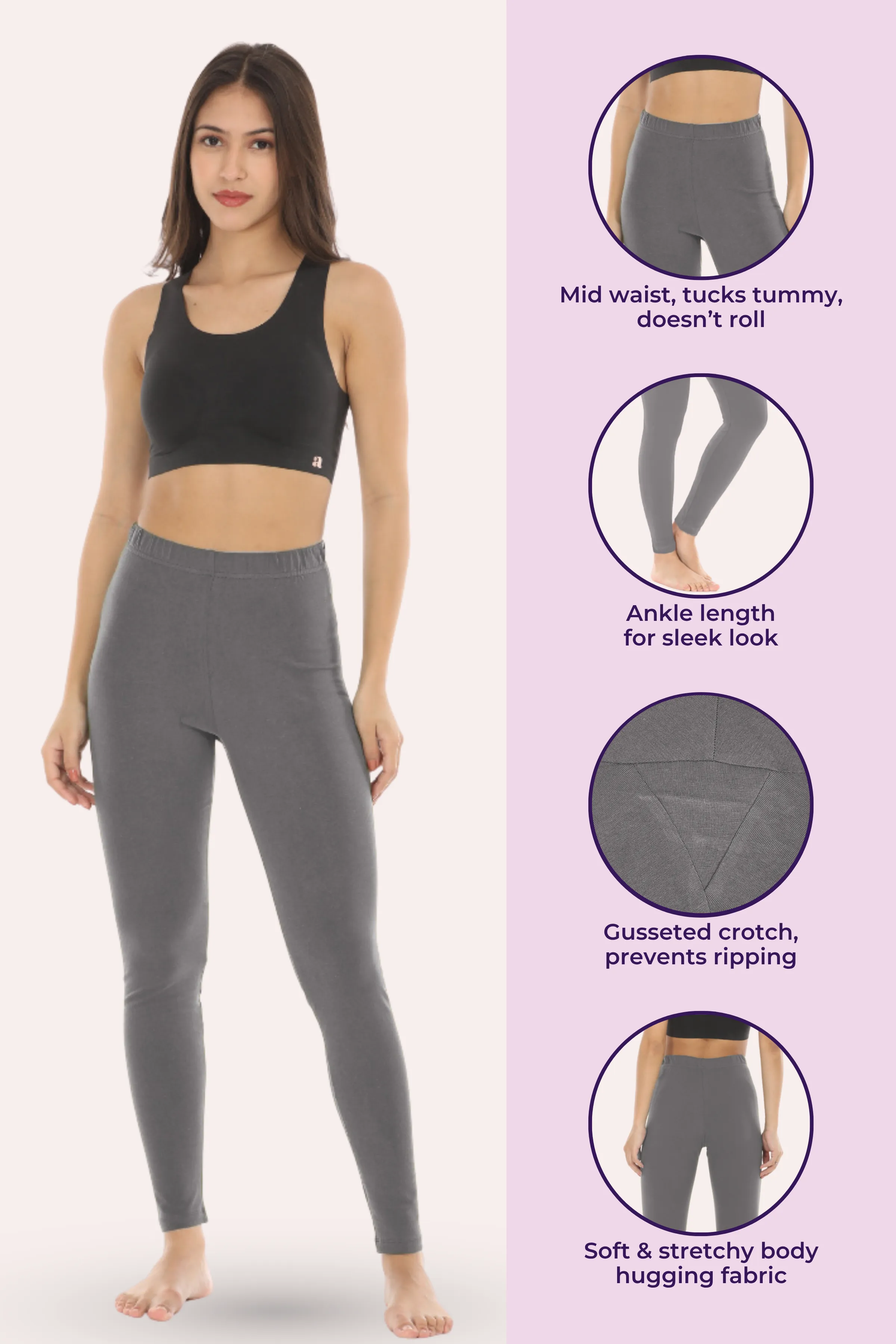 Women's Leggings | Mid Waist | Ankle Length | Cotton-Elastane Blend | Non-See-Through | Gusset Crotch Prevents Ripping - Image 2