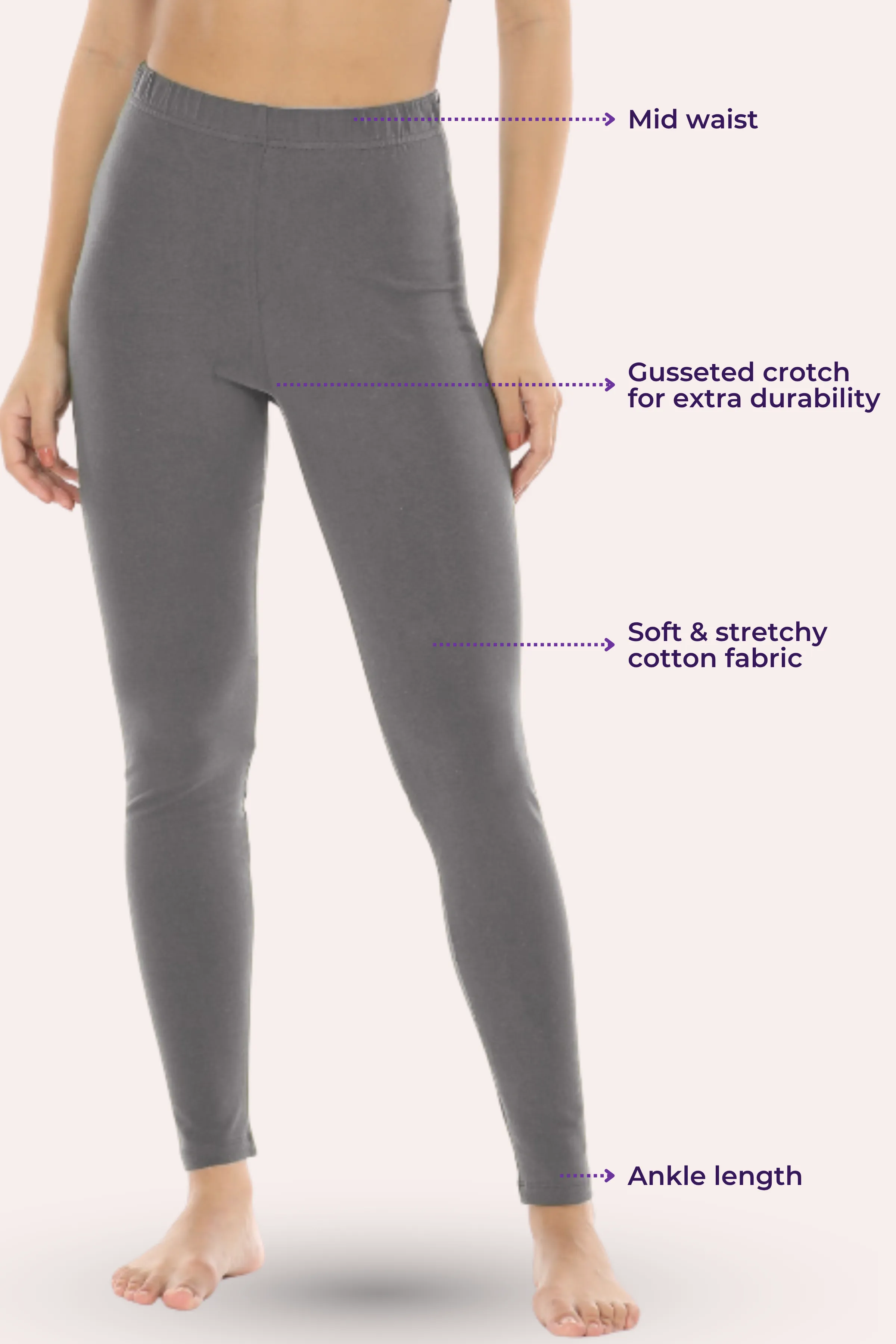 Women's Leggings | Mid Waist | Ankle Length | Cotton-Elastane Blend | Non-See-Through | Gusset Crotch Prevents Ripping - Image 3