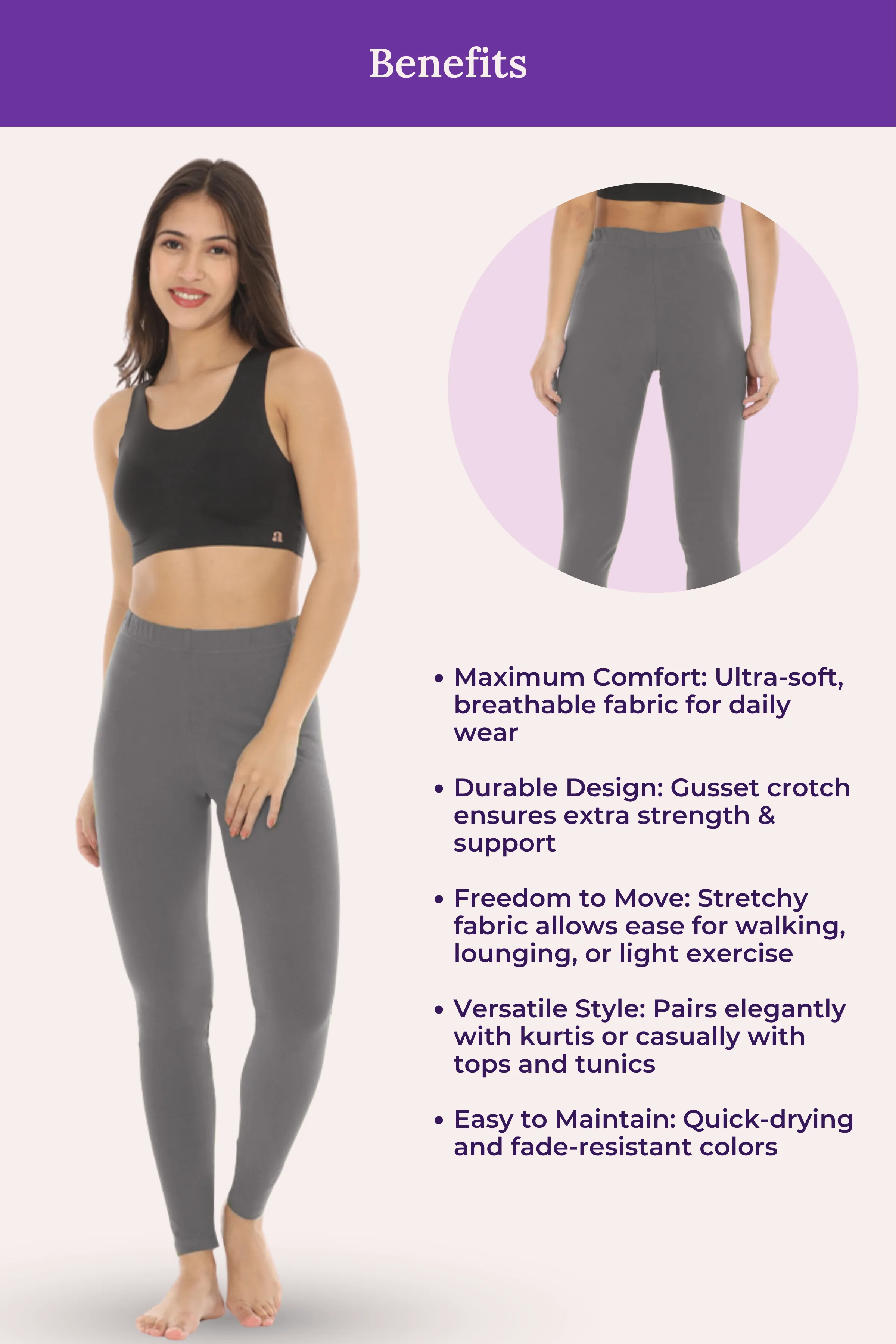 Women's Leggings | Mid Waist | Ankle Length | Cotton-Elastane Blend | Non-See-Through | Gusset Crotch Prevents Ripping - Image 6