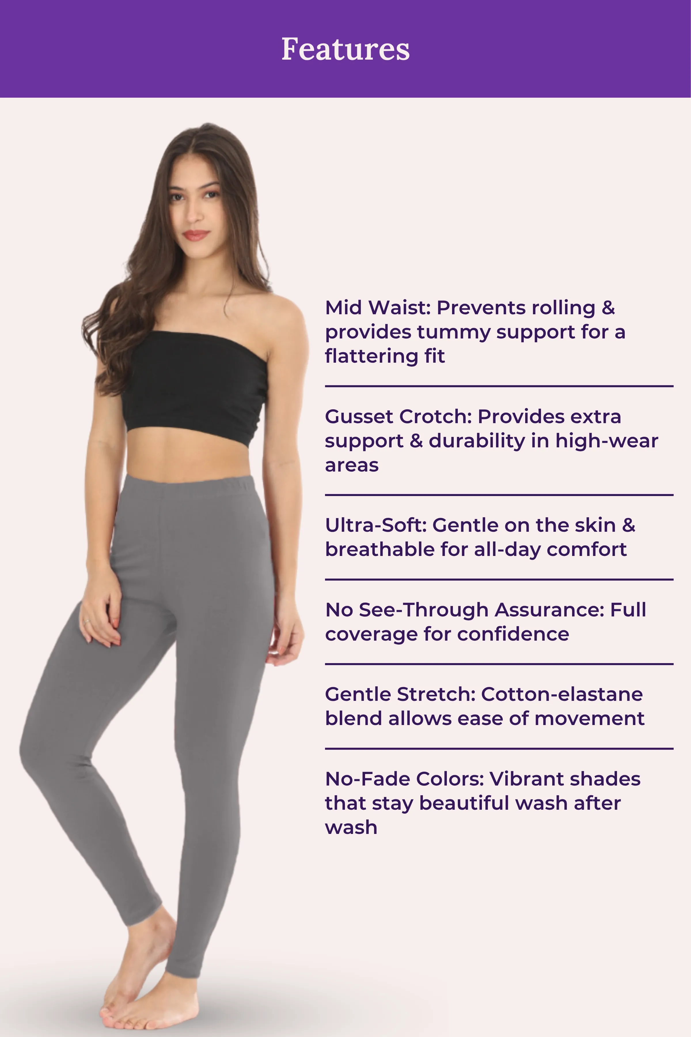 Women's Leggings | Mid Waist | Ankle Length | Cotton-Elastane Blend | Non-See-Through | Gusset Crotch Prevents Ripping - Image 7