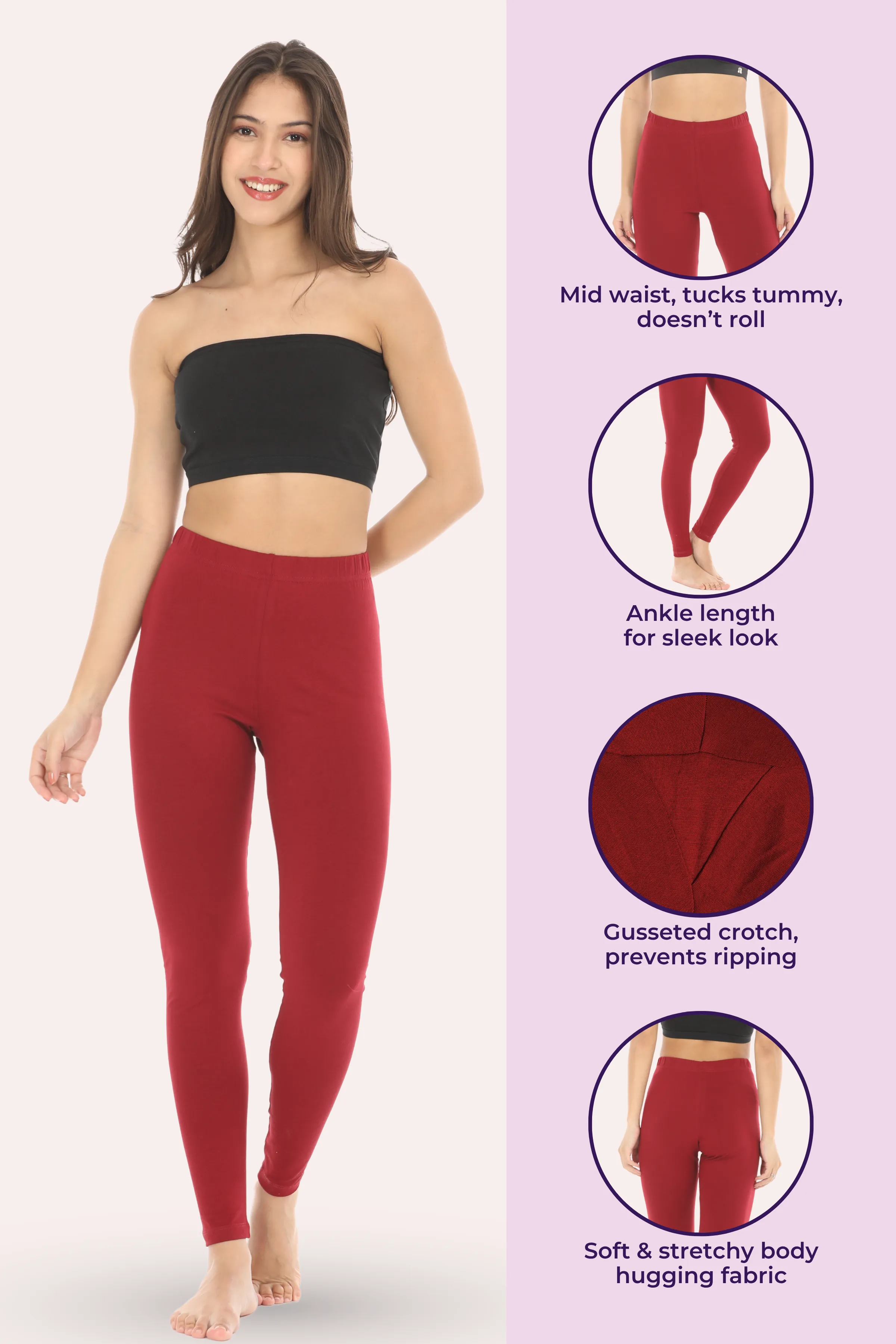 Women's Leggings | Mid Waist | Ankle Length | Cotton-Elastane Blend | Non-See-Through | Gusset Crotch Prevents Ripping - Image 2