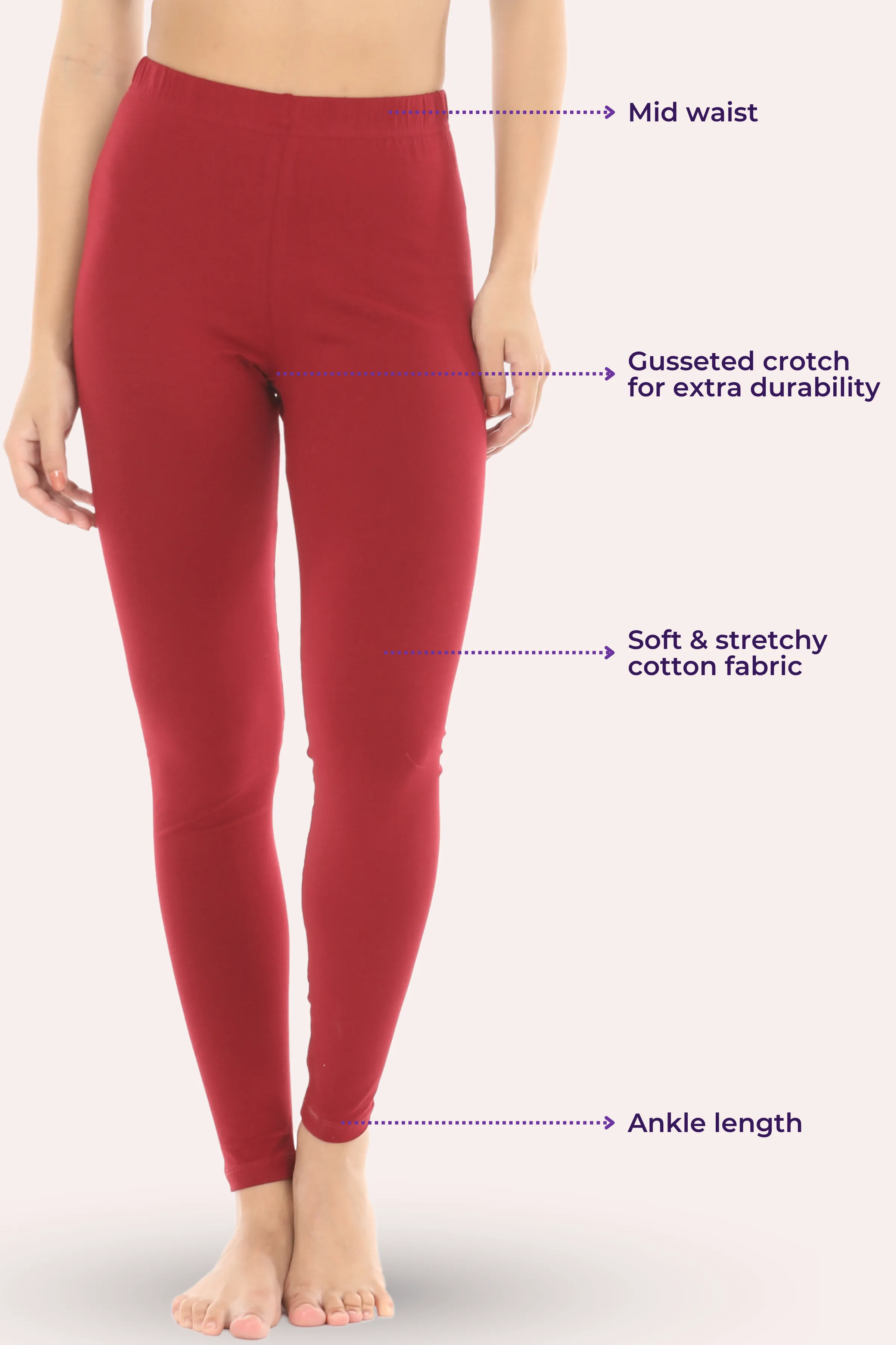 Women's Leggings | Mid Waist | Ankle Length | Cotton-Elastane Blend | Non-See-Through | Gusset Crotch Prevents Ripping - Image 3