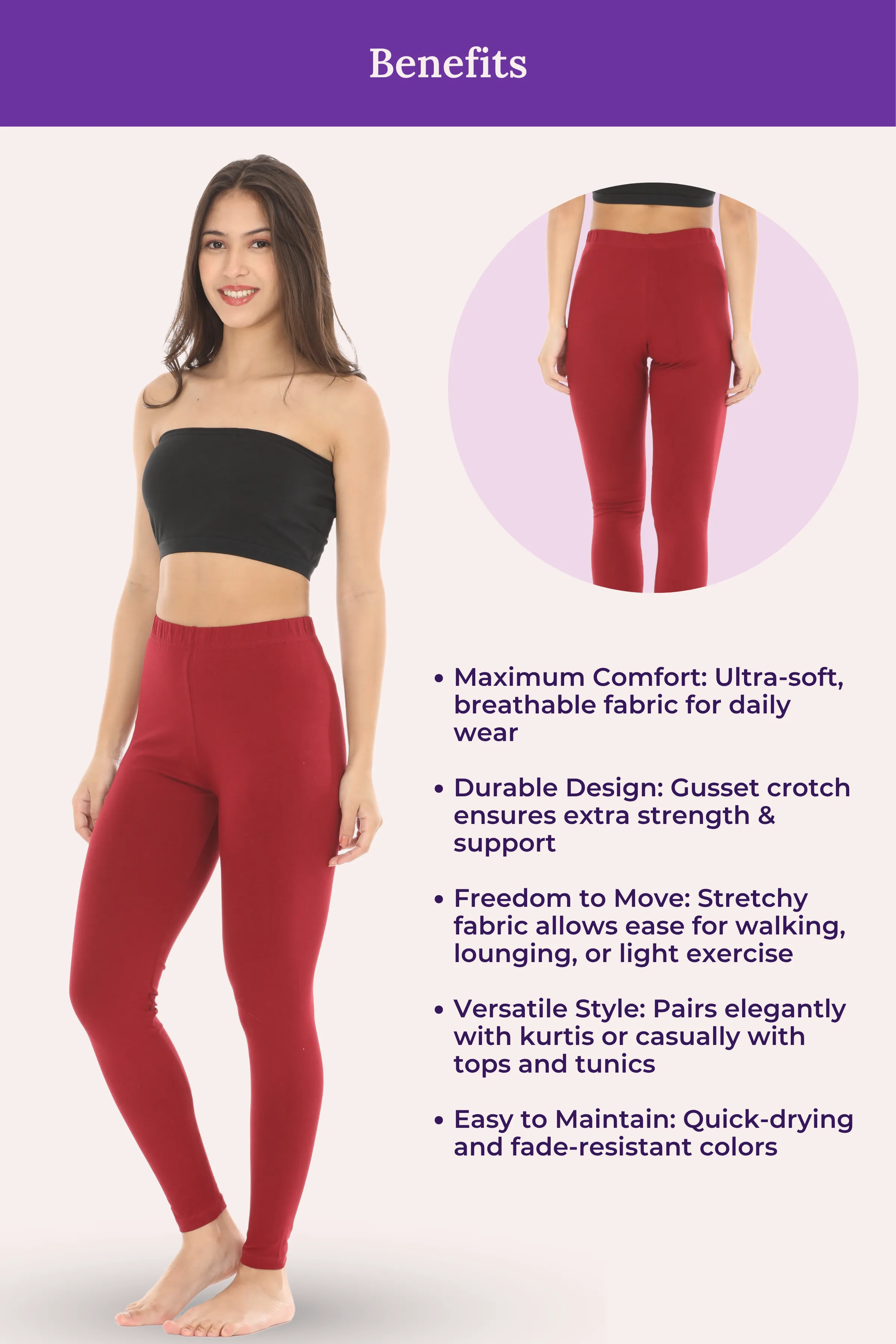Women's Leggings | Mid Waist | Ankle Length | Cotton-Elastane Blend | Non-See-Through | Gusset Crotch Prevents Ripping - Image 6