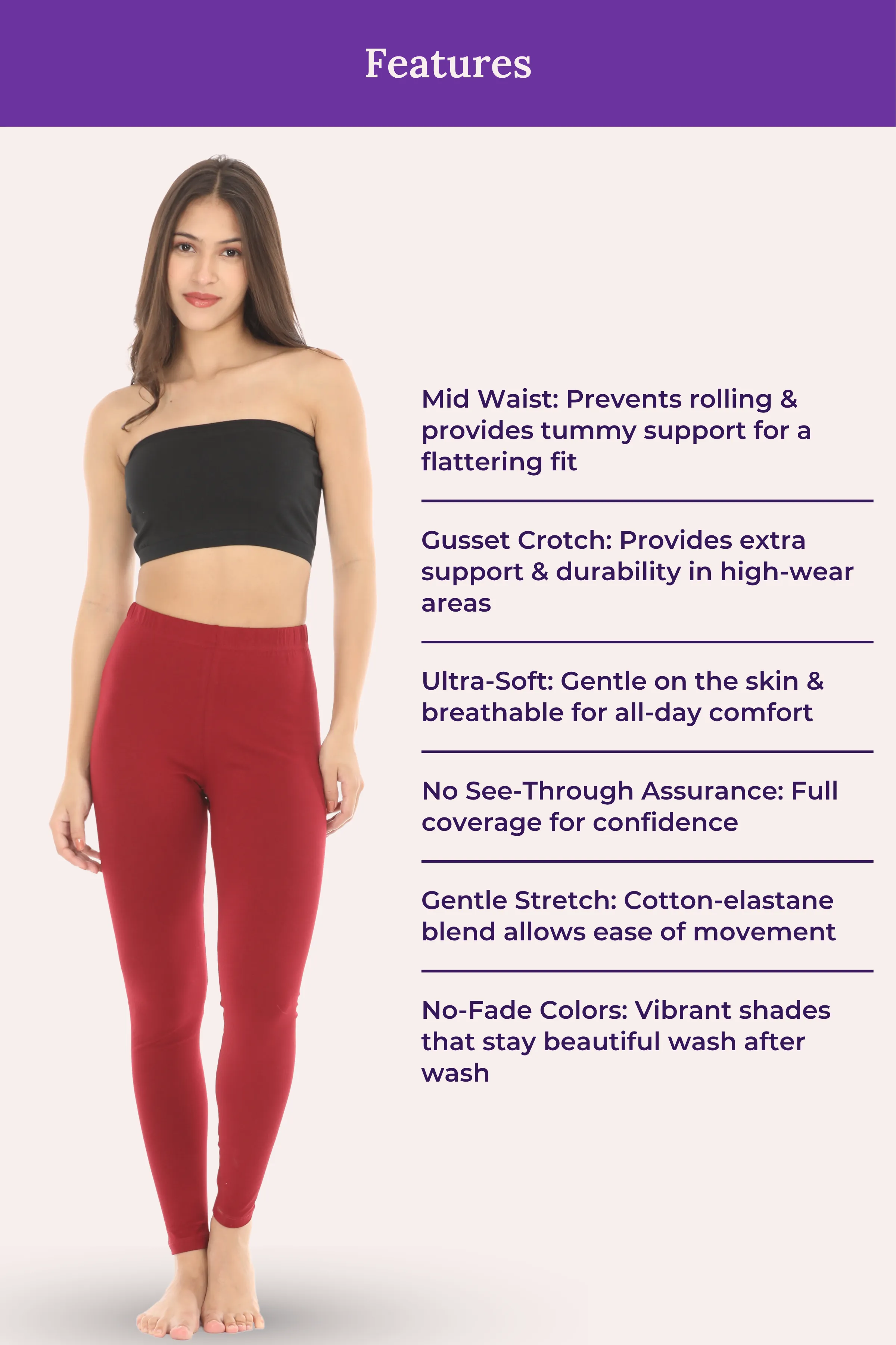 Women's Leggings | Mid Waist | Ankle Length | Cotton-Elastane Blend | Non-See-Through | Gusset Crotch Prevents Ripping - Image 7