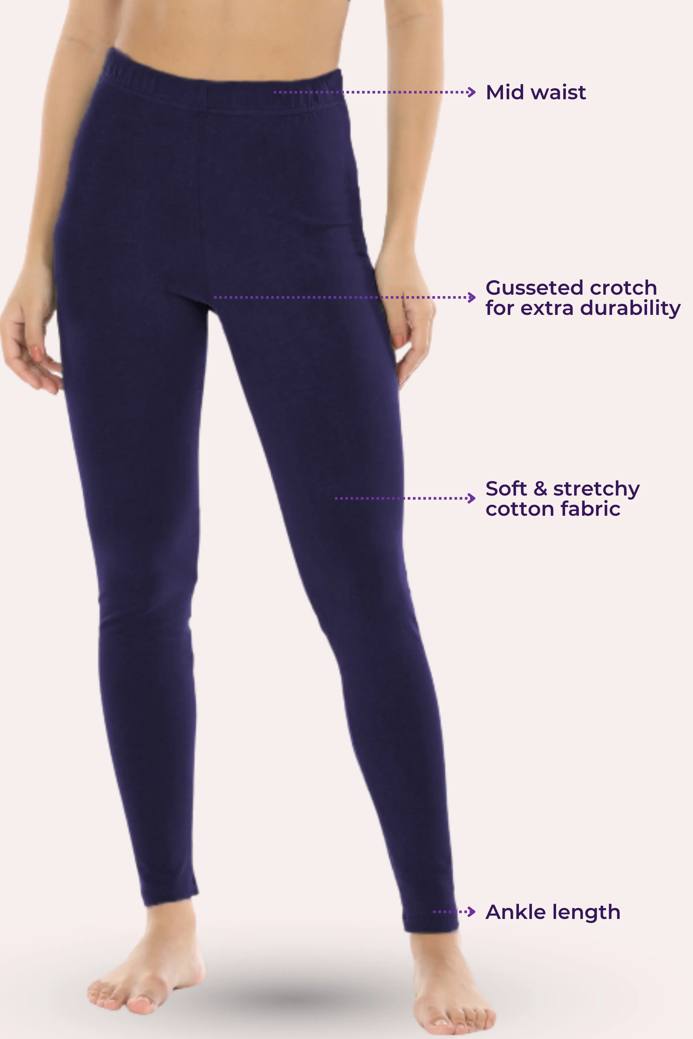 Women's Leggings | Mid Waist | Ankle Length | Cotton-Elastane Blend | Non-See-Through | Gusset Crotch Prevents Ripping - Image 3