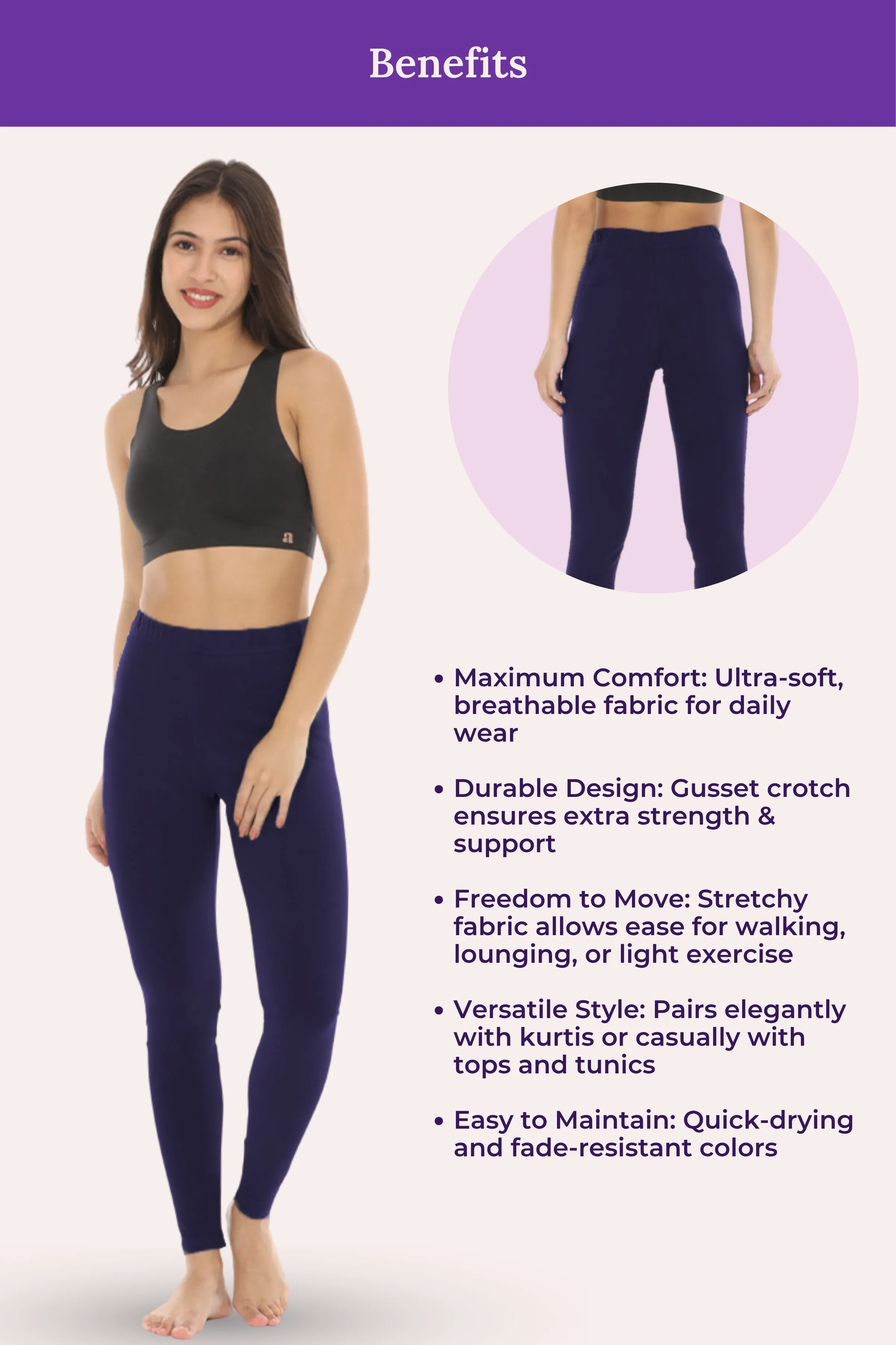 Women's Leggings | Mid Waist | Ankle Length | Cotton-Elastane Blend | Non-See-Through | Gusset Crotch Prevents Ripping - Image 6
