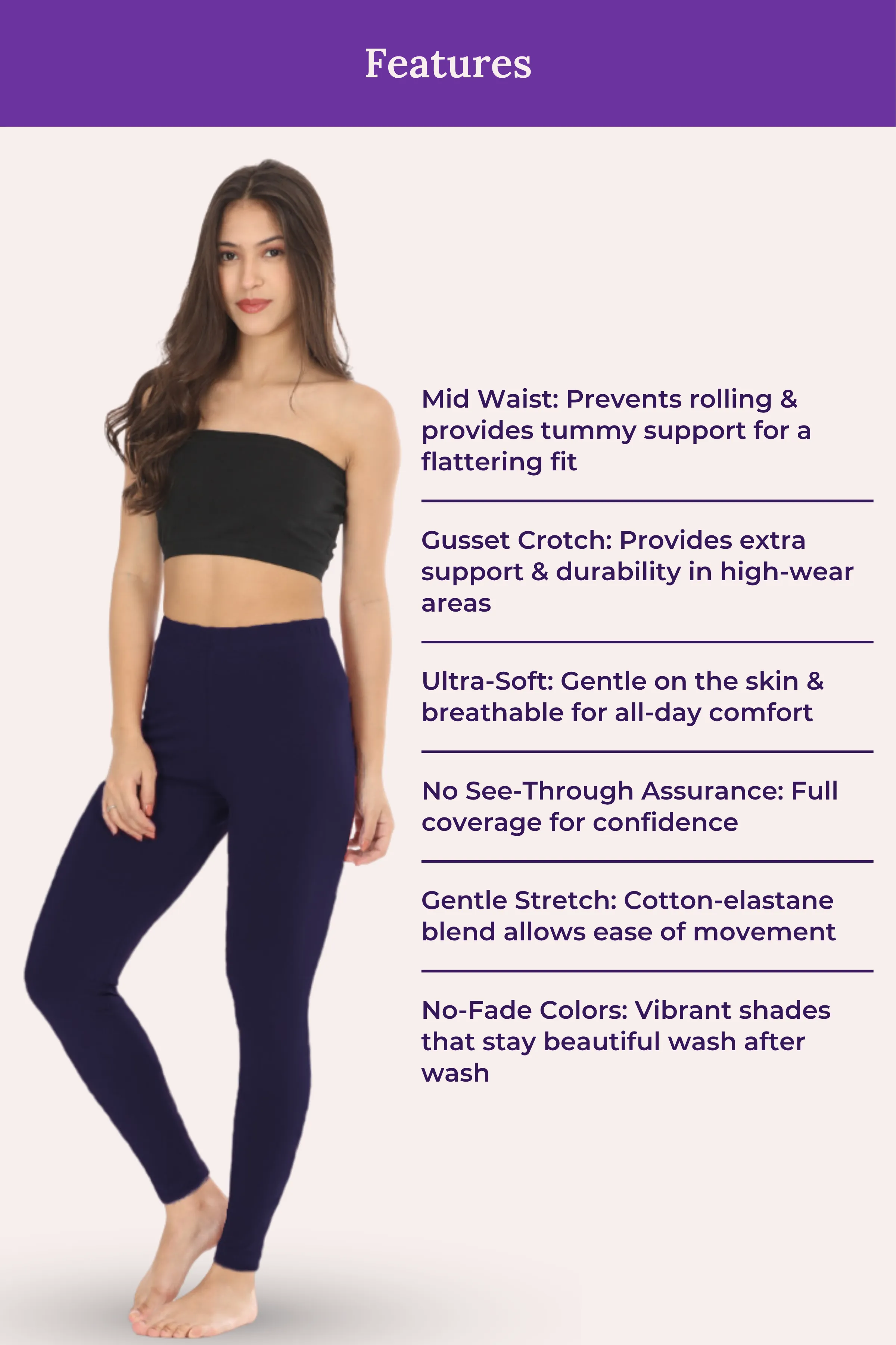Women's Leggings | Mid Waist | Ankle Length | Cotton-Elastane Blend | Non-See-Through | Gusset Crotch Prevents Ripping - Image 7