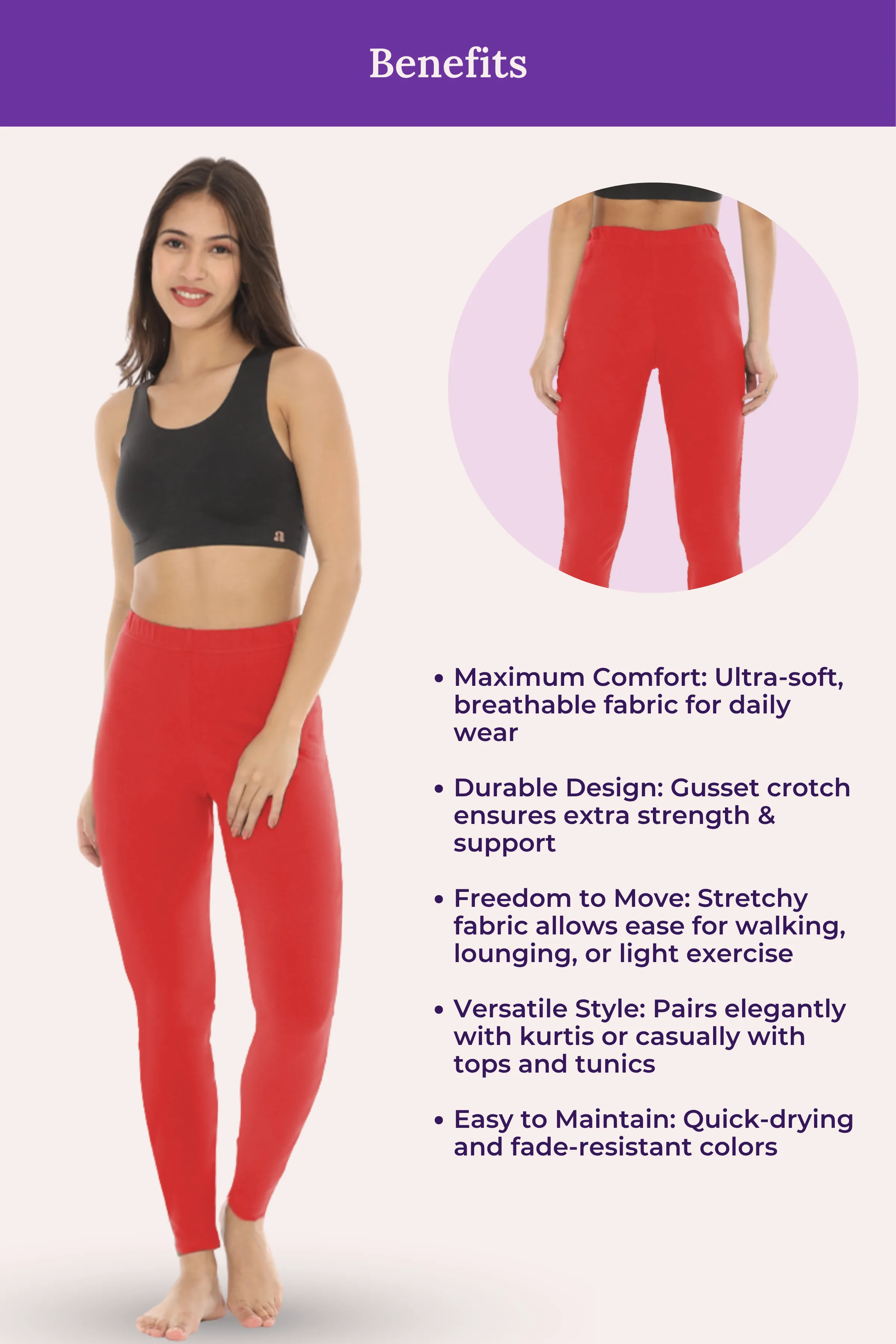 Women's Leggings | Mid Waist | Ankle Length | Cotton-Elastane Blend | Non-See-Through | Gusset Crotch Prevents Ripping - Image 6
