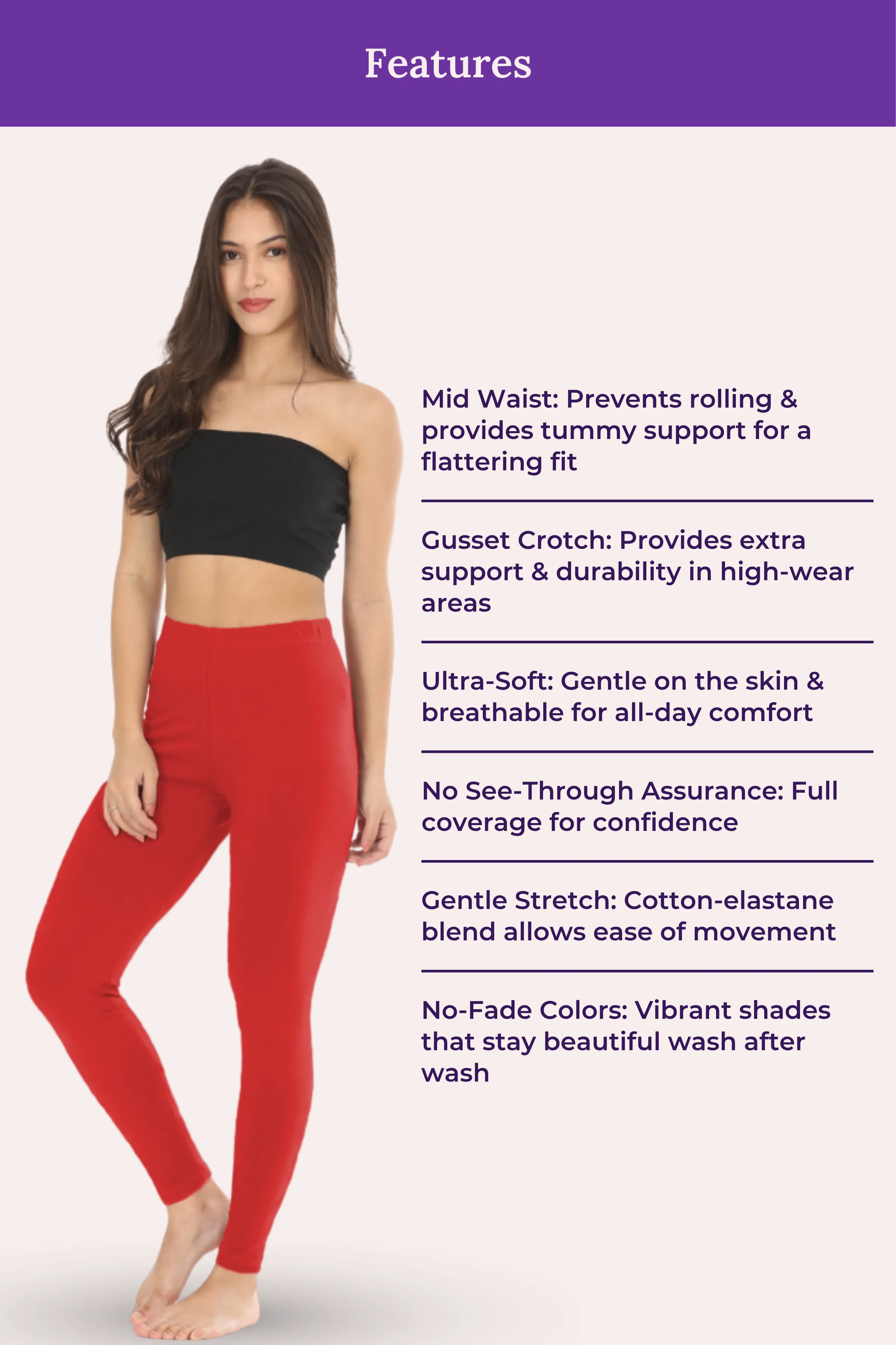 Women's Leggings | Mid Waist | Ankle Length | Cotton-Elastane Blend | Non-See-Through | Gusset Crotch Prevents Ripping - Image 7