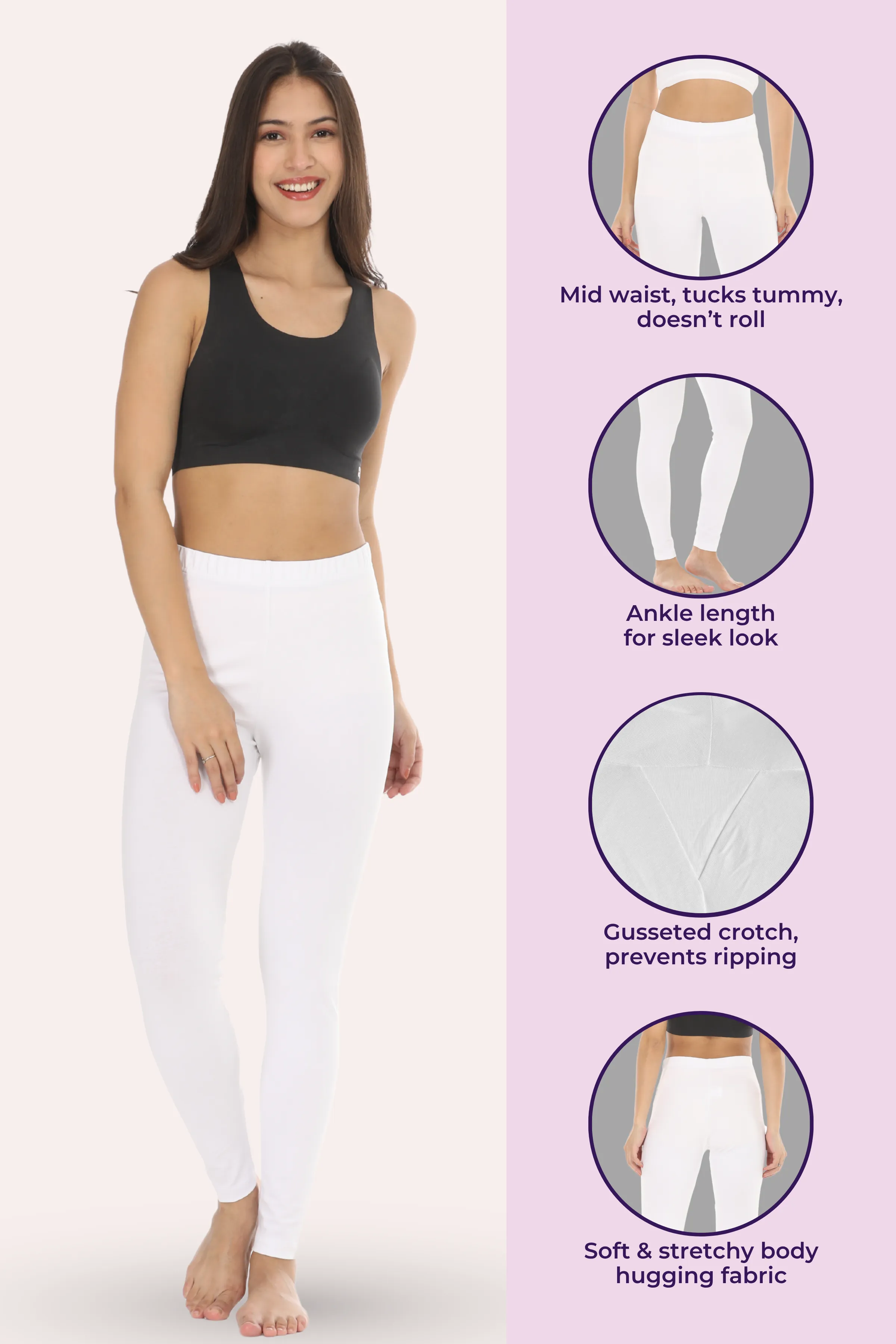 Women's Leggings | Mid Waist | Ankle Length | Cotton-Elastane Blend | Non-See-Through | Gusset Crotch Prevents Ripping - Image 2
