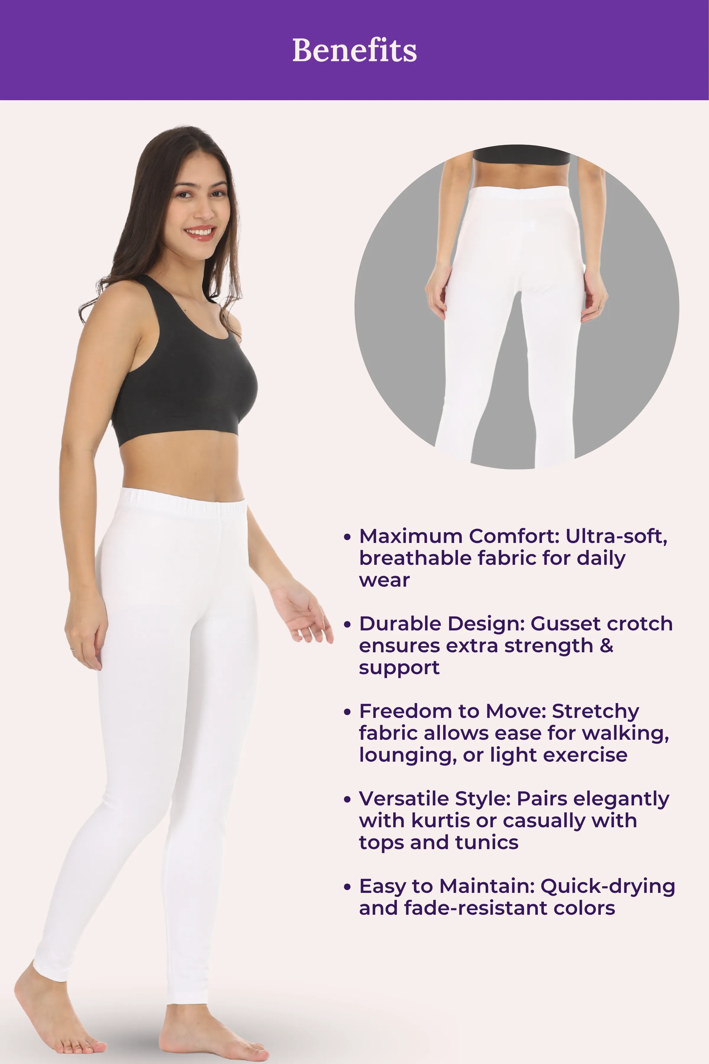 Women's Leggings | Mid Waist | Ankle Length | Cotton-Elastane Blend | Non-See-Through | Gusset Crotch Prevents Ripping - Image 6