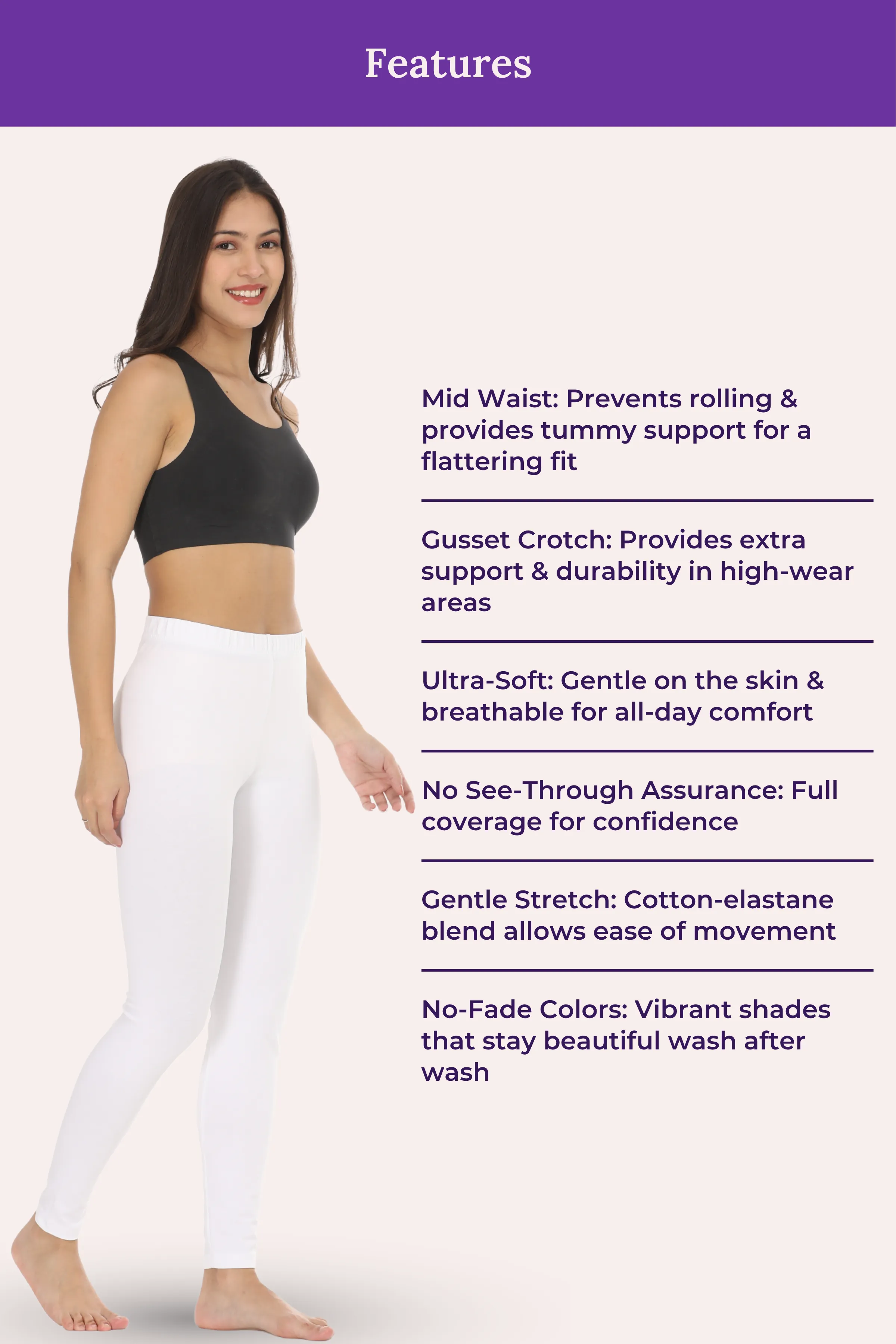 Women's Leggings | Mid Waist | Ankle Length | Cotton-Elastane Blend | Non-See-Through | Gusset Crotch Prevents Ripping - Image 7