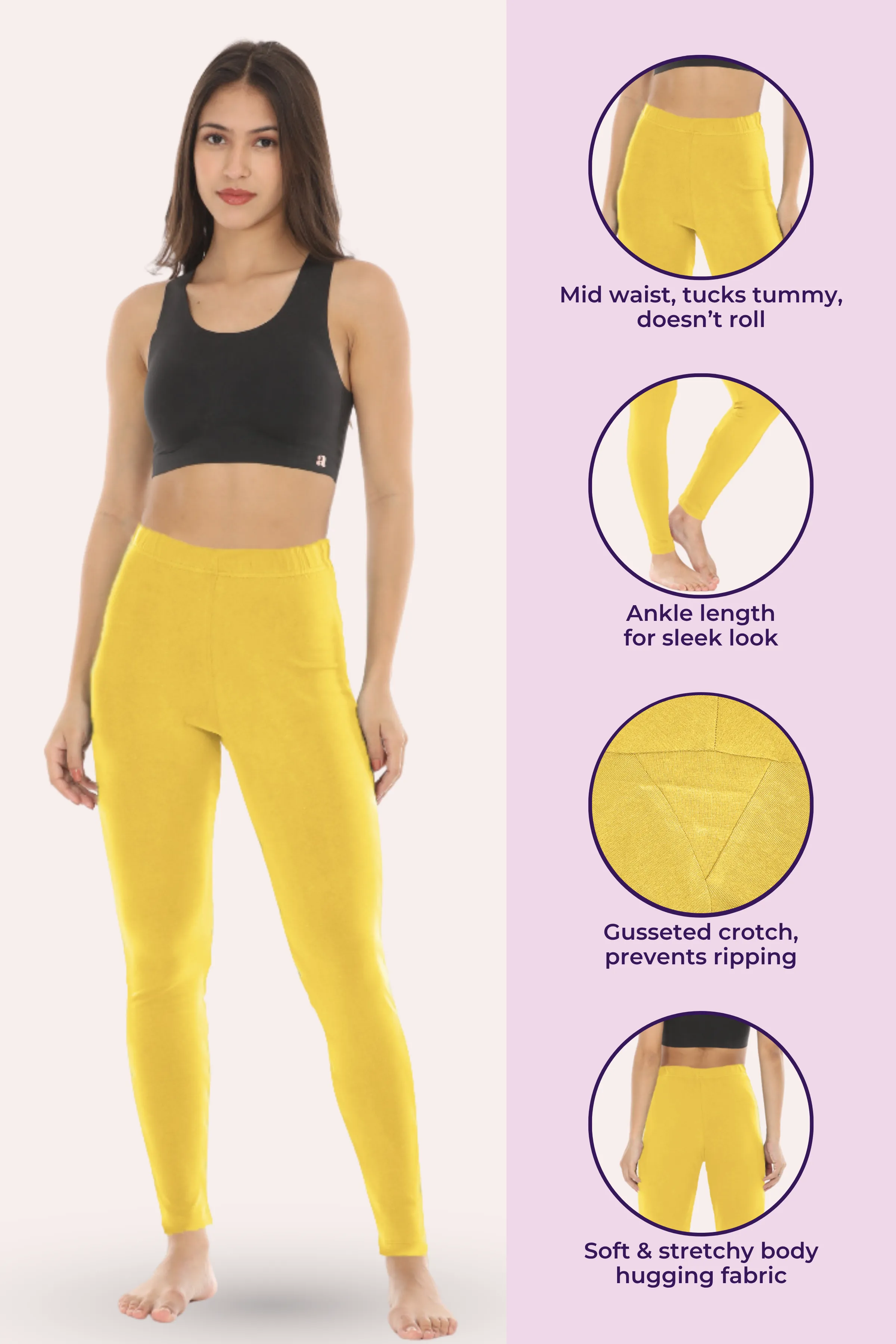 Women's Leggings | Mid Waist | Ankle Length | Cotton-Elastane Blend | Non-See-Through | Gusset Crotch Prevents Ripping - Image 2