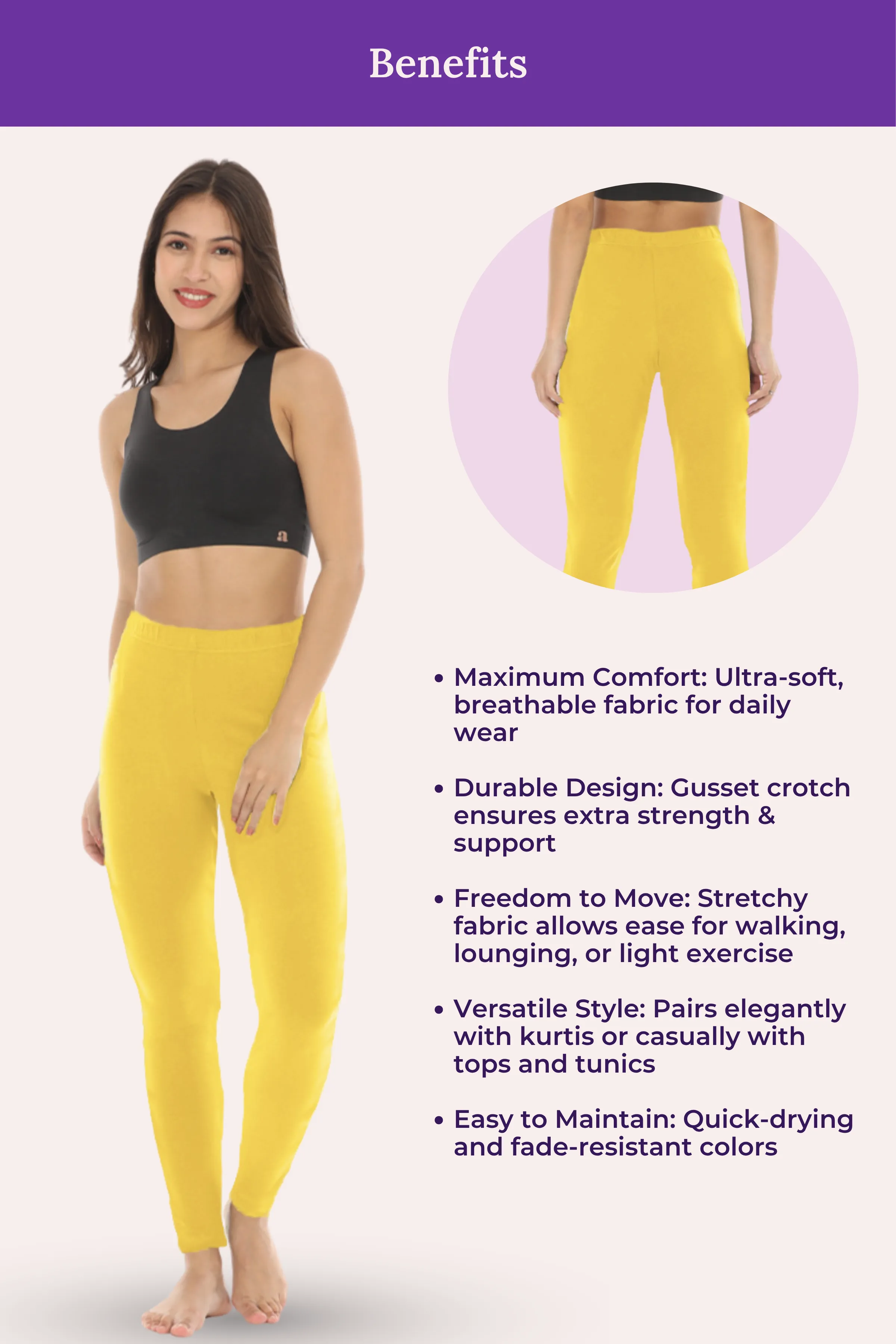 Women's Leggings | Mid Waist | Ankle Length | Cotton-Elastane Blend | Non-See-Through | Gusset Crotch Prevents Ripping - Image 6