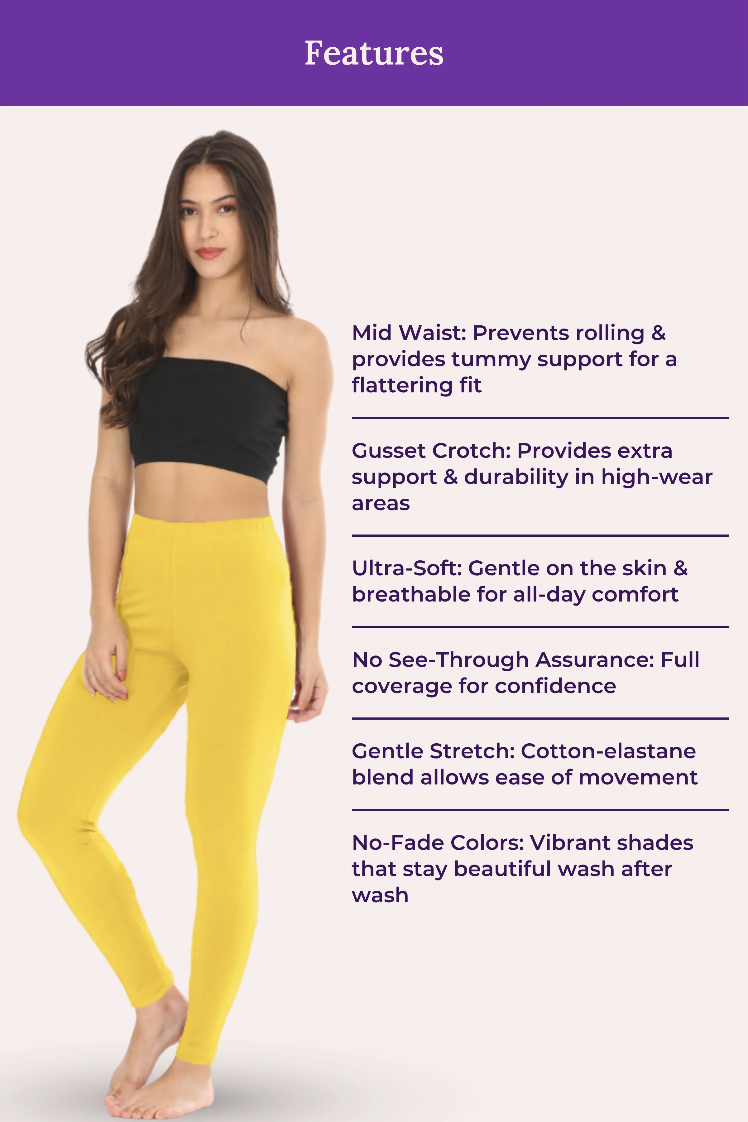 Women's Leggings | Mid Waist | Ankle Length | Cotton-Elastane Blend | Non-See-Through | Gusset Crotch Prevents Ripping - Image 7