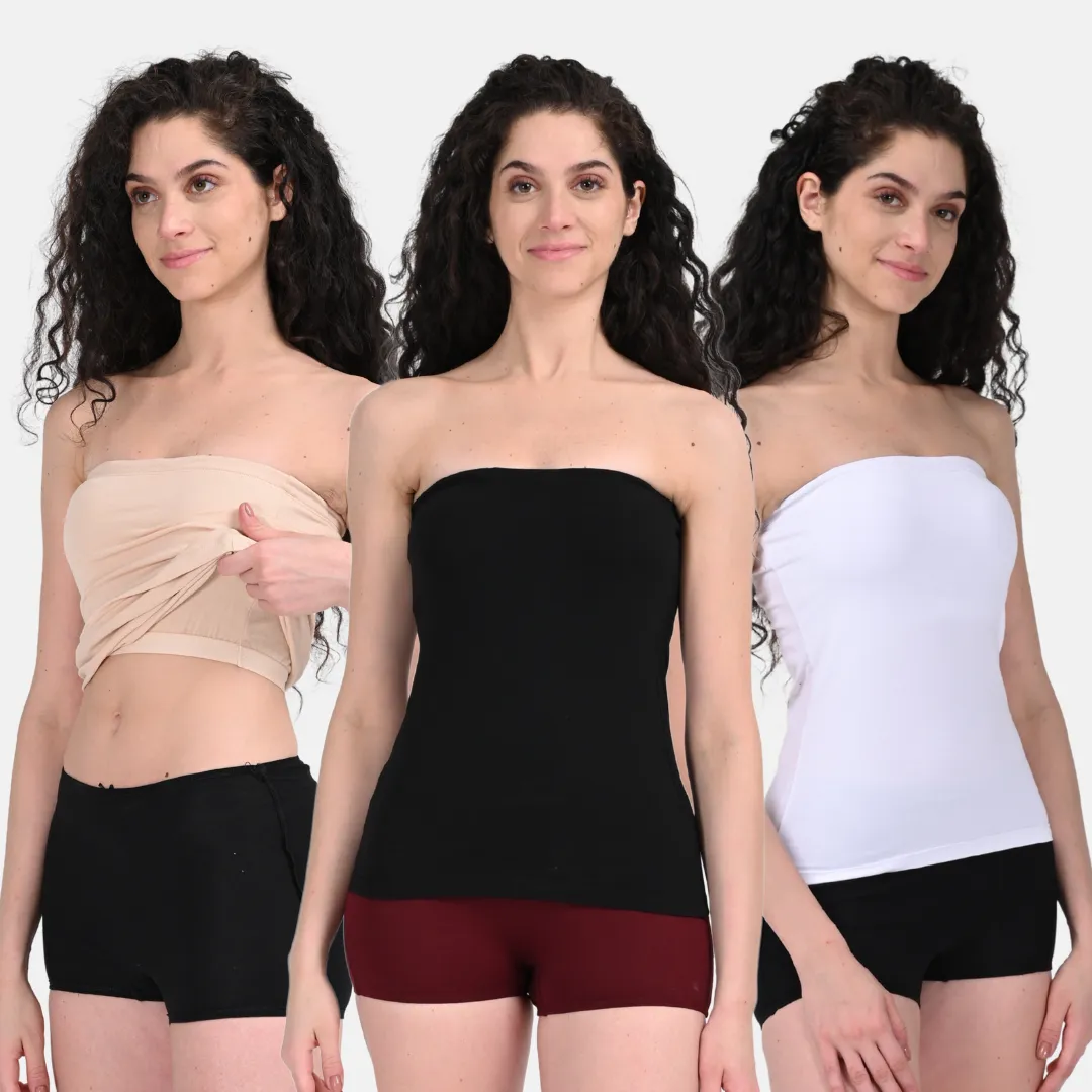 Tube Tank For Women | Off-Shoulder Design | Built-In Tube Bra | Anti-Slip Silicone Elastic | Body-Hugging Fit | Full Coverage | Soft Cotton Blend | Pack Of 3